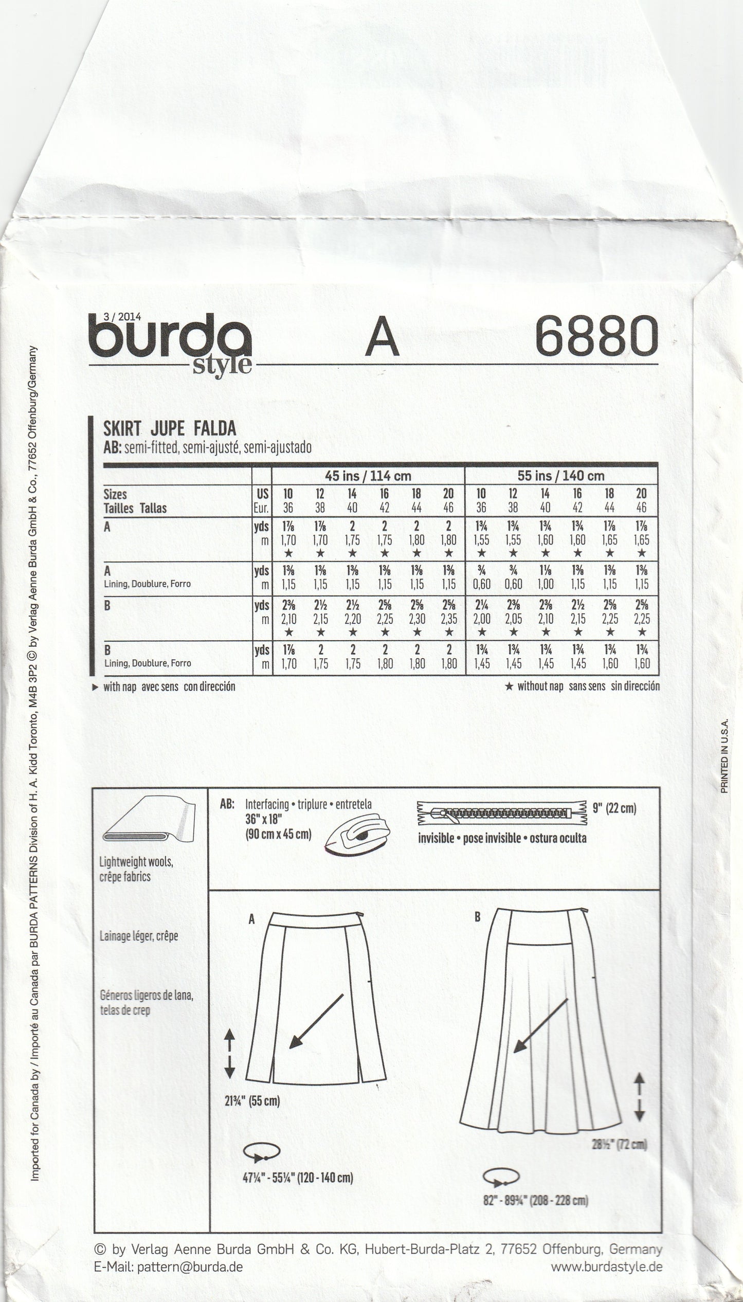 Burda Style 6880 Womens Bias Cut Skirts with Side Panels Out Of Print Paper Sewing Pattern Sizes 10 - 20 UNCUT Factory Folded