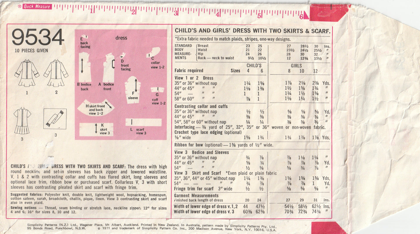 Simplicity 9534 Girls Dropped Waist Dress & Scarf 1970s Vintage Paper Sewing Pattern Size 6