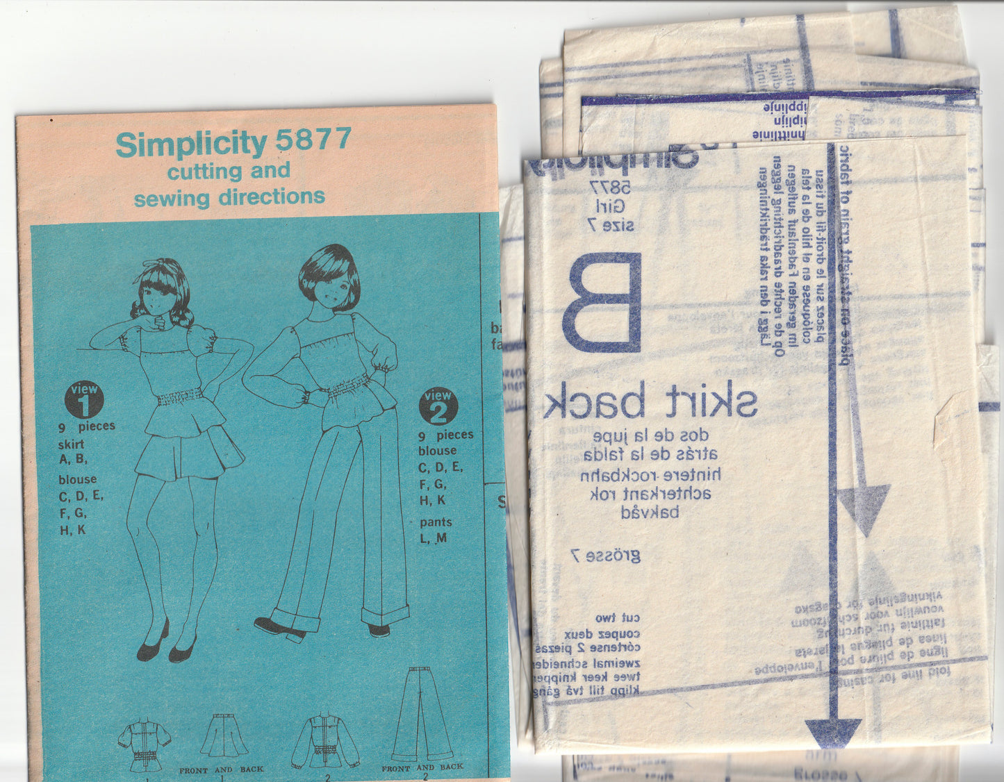 Simplicity 5877 Girls Puff Sleeved Blouse Mini Skirt & Wide Leg Pants 1970s Vintage Paper Sewing Pattern Size 7