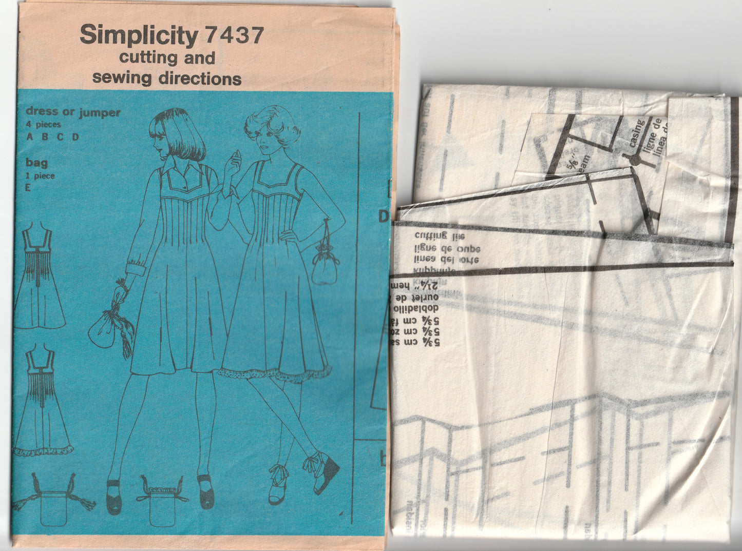 Simplicity 7437 Womens Tucked Front Sundress & Drawstring Bag 1970s Vintage Paper Sewing Pattern Size 14 Bust 36 inches