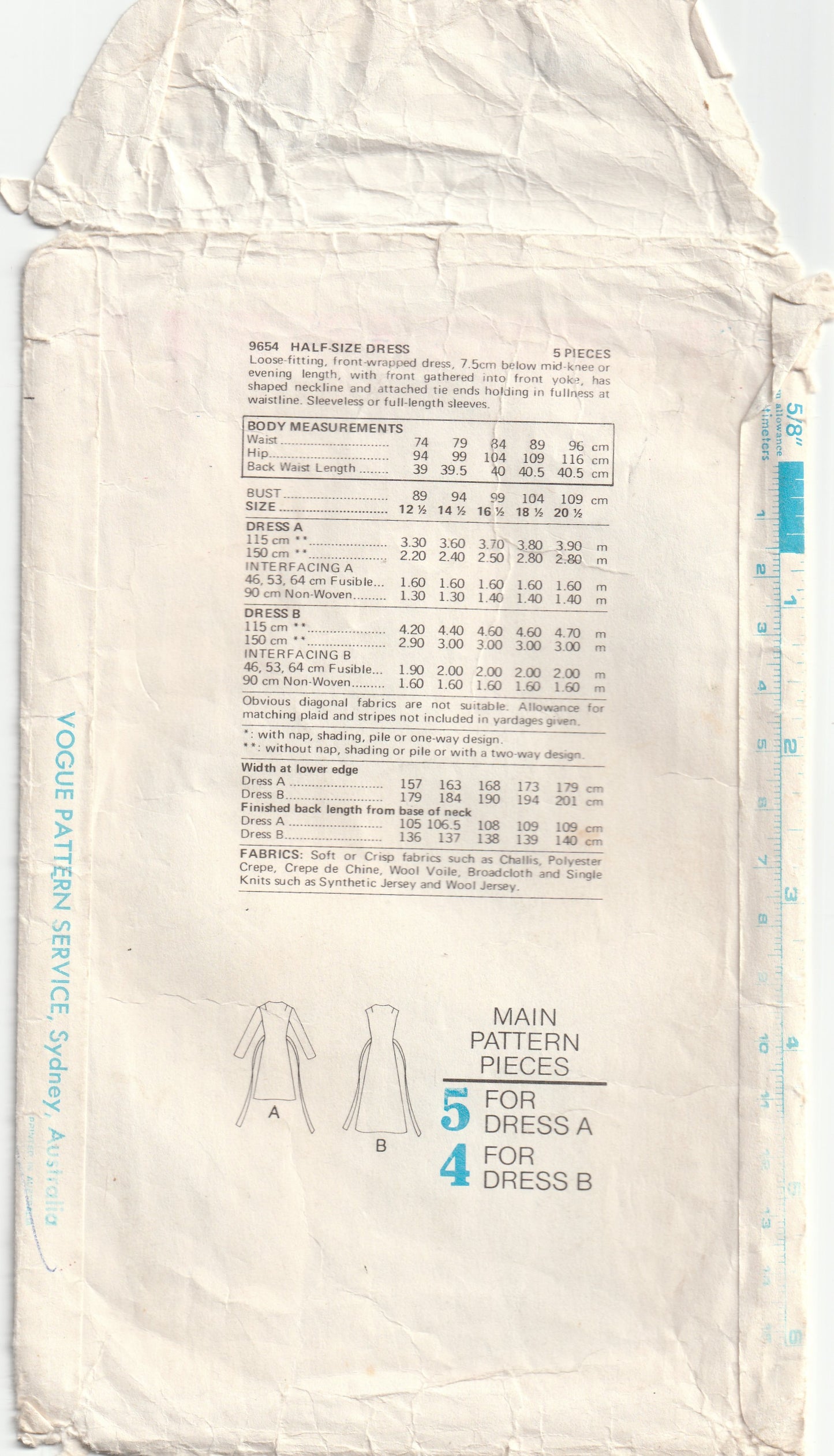 Very Easy Vogue 9654 Womens Half Size Wrap Dress with Gathered Yoke 1970s Vintage Paper Sewing Pattern Bust 39 inches