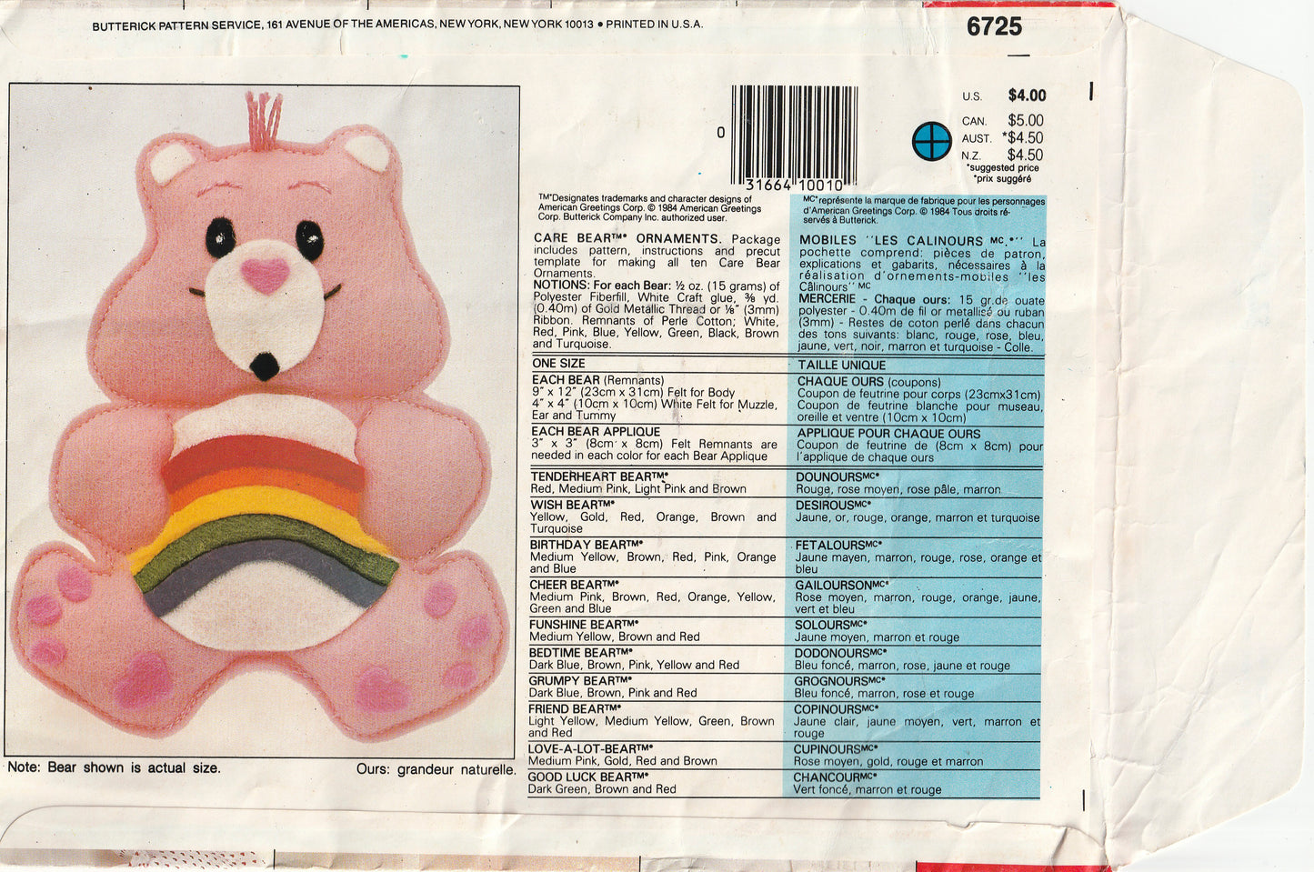 Butterick 6725 RARE Stuffed CARE BEAR Ornaments 1980s Vintage Paper Sewing Pattern