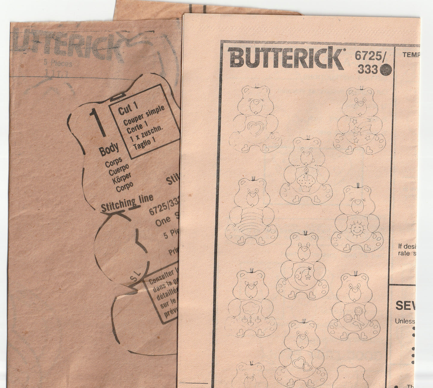 Butterick 6725 RARE Stuffed CARE BEAR Ornaments 1980s Vintage Paper Sewing Pattern
