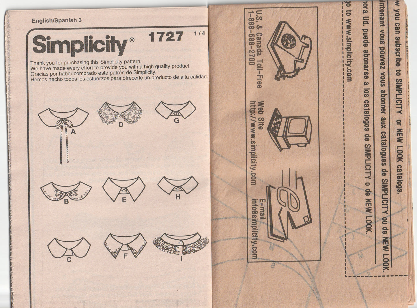 Simplicity 1727 Womens Detachable Collars Out Of Print Paper Sewing Pattern Size S/M/L UNCUT Factory Folded