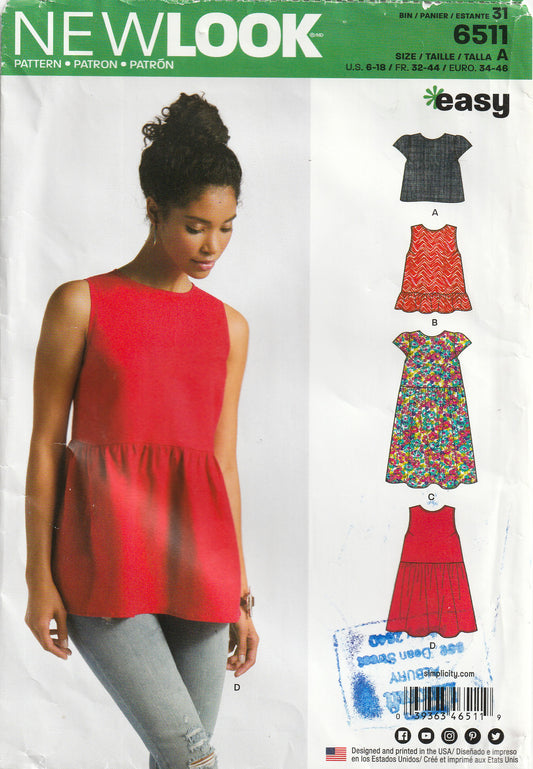 New Look 6511 Womens EASY Smock Top Dress or Tunic Paper Sewing Pattern Size 6 - 18 UNCUT Factory Folded