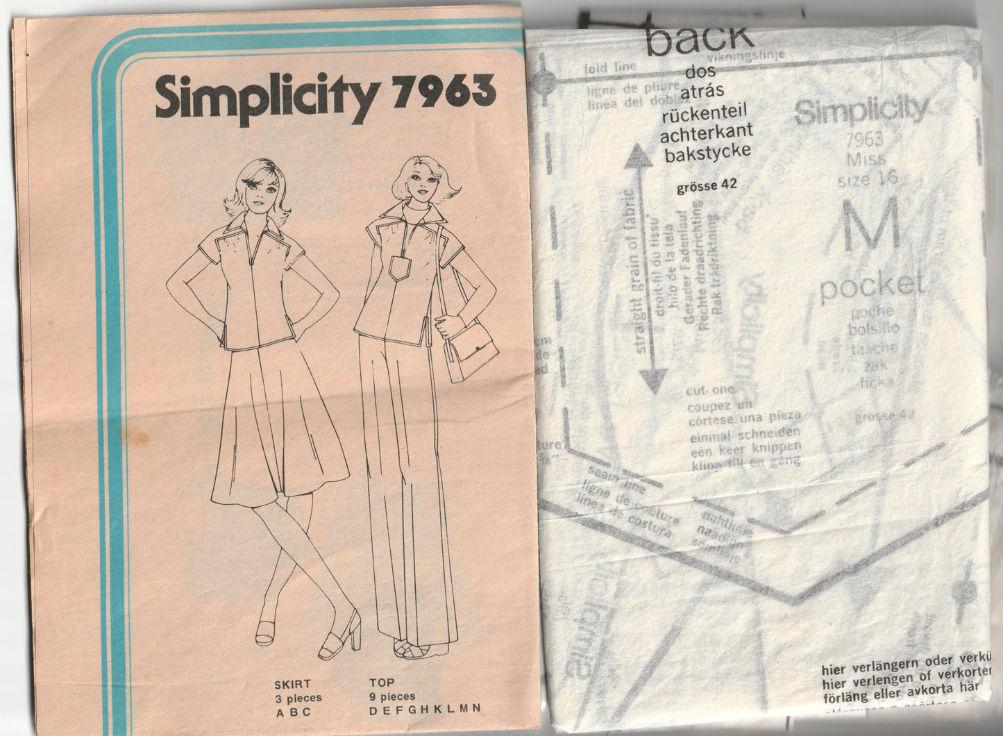 Simplicity 7963 JIFFY Womens Pullover Top & Flared Skirt 1970s Vintage Paper Sewing Pattern Size 16 Bust 38 inches