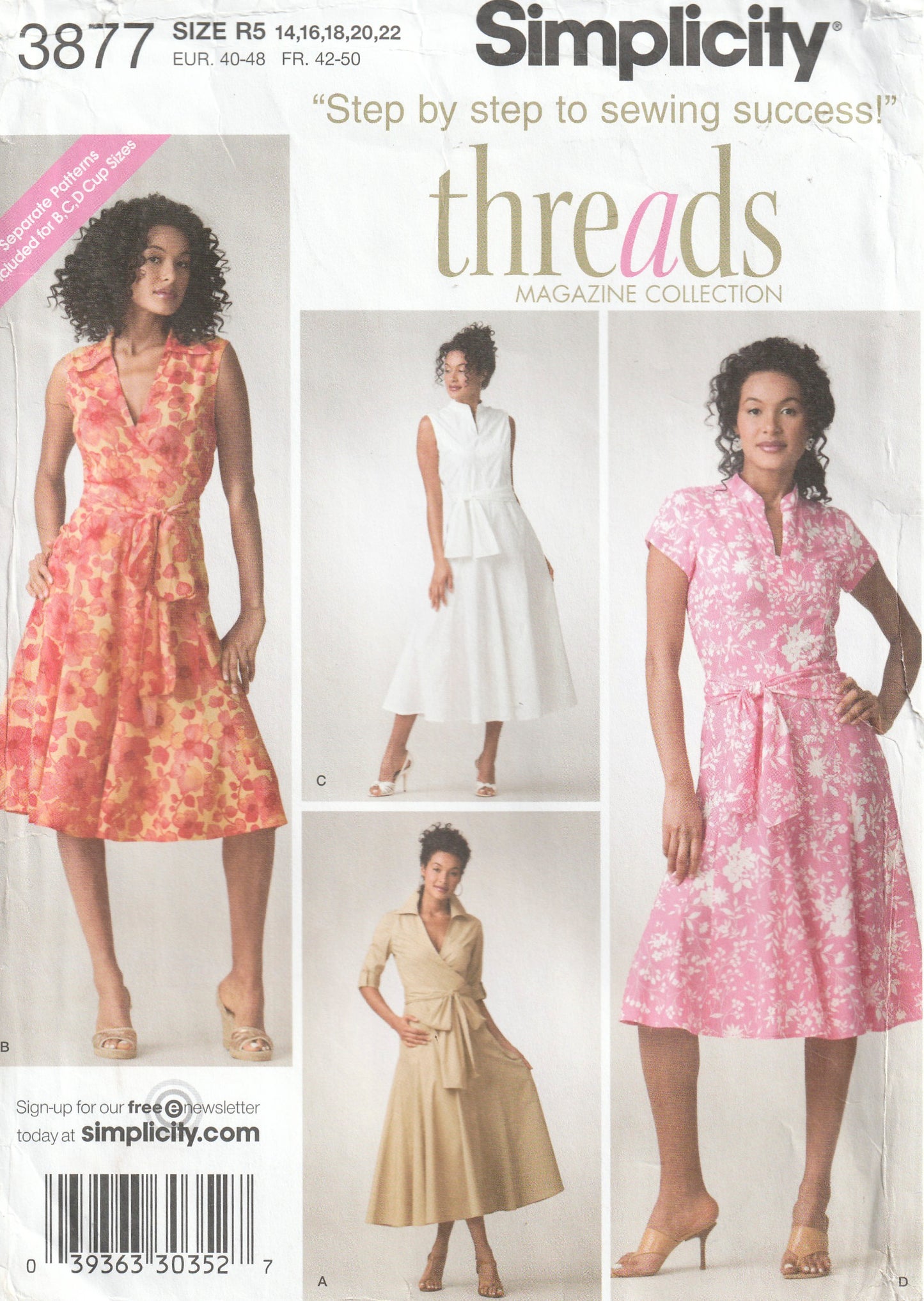 Simplicity 3877 THREADS COLLECTION Womens Fit & Flared Dress with Attached Waist Sash Out Of Print Paper Sewing Pattern Sizes 6 - 14 or 14 - 22 UNCUT Factory Folded