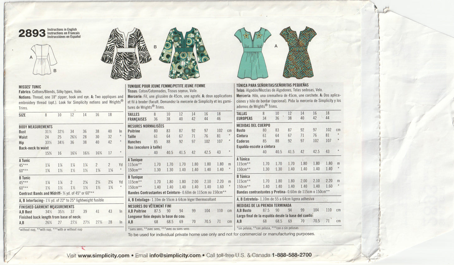 Simplicity 2893 Womens Contrast Edged Caftan Tunic Tops Out Of Print Paper Sewing Pattern Size 8 - 18 UNCUT Factory Folded