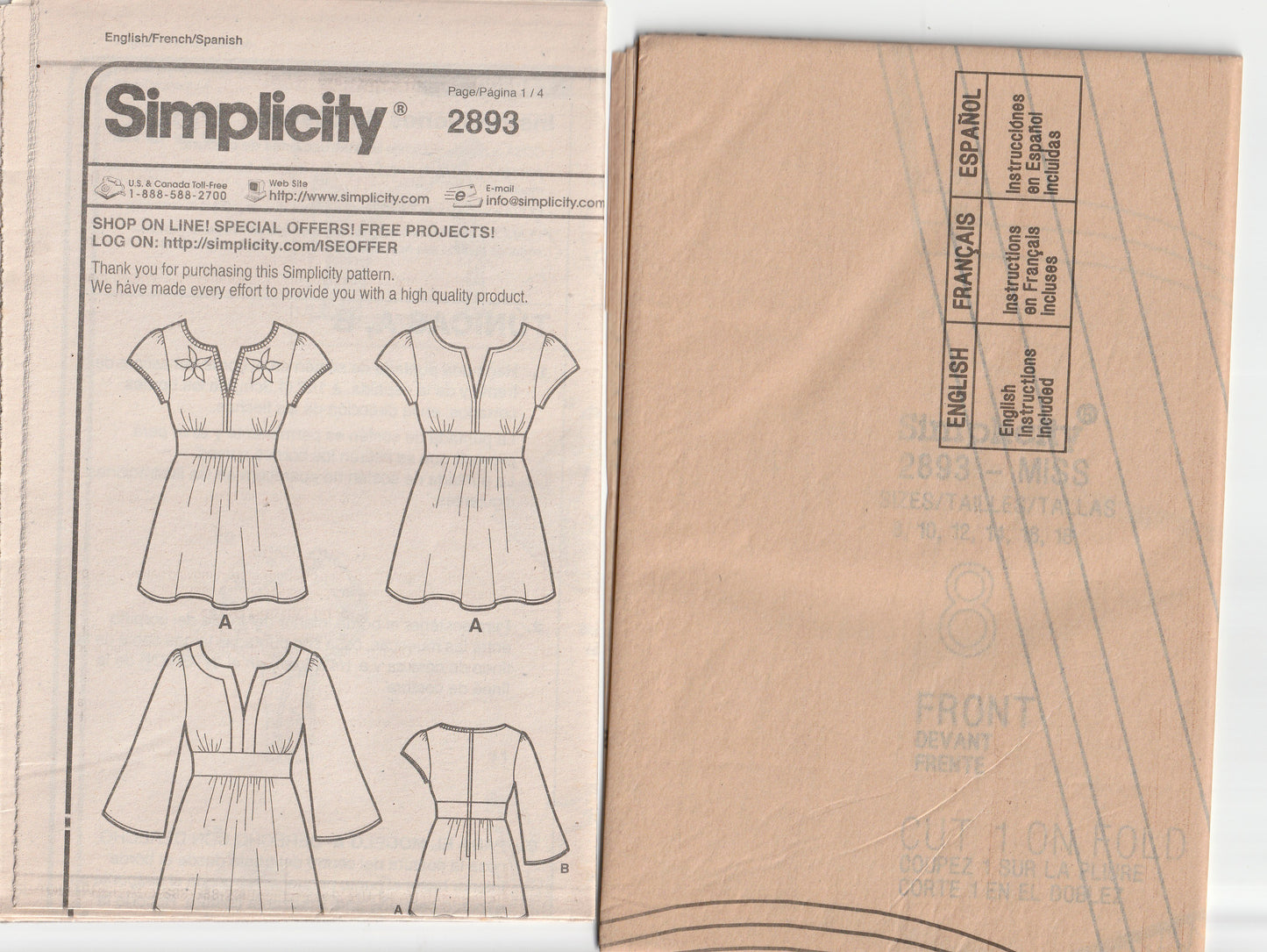 Simplicity 2893 Womens Contrast Edged Caftan Tunic Tops Out Of Print Paper Sewing Pattern Size 8 - 18 UNCUT Factory Folded