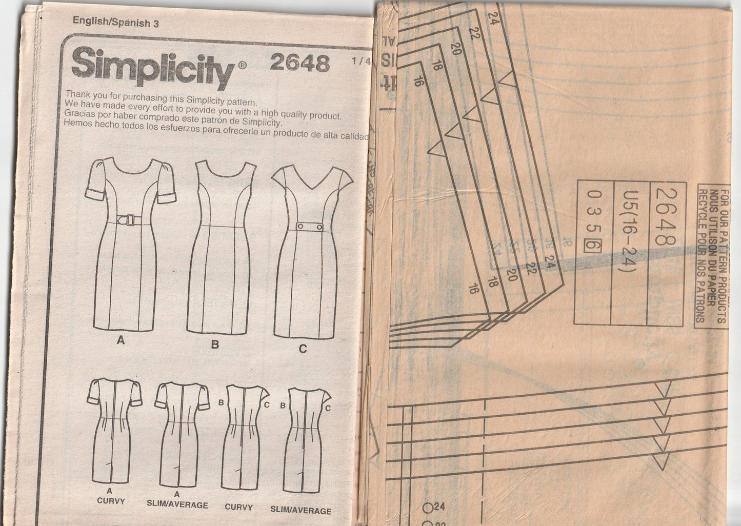 Simplicity 2648 AMAZING FIT Womens Shaped Princess Dress in 3 Styles Out Of Print Paper Sewing Pattern Size 16 - 24 UNCUT Factory Folded