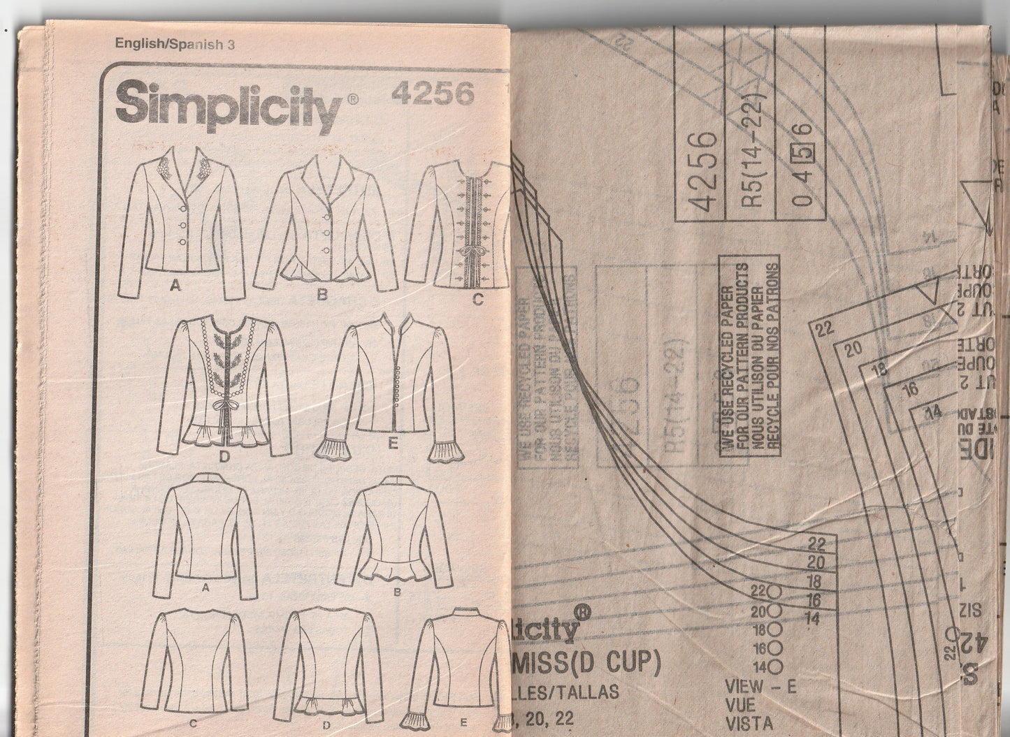 Simplicity 4256 THREADS COLLECTION Womens Princess Peplum Jackets Out Of Print Paper Sewing Pattern Size 14 - 22 UNCUT Factory Folded