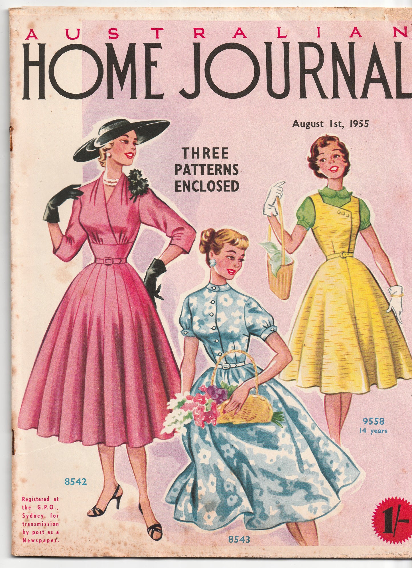 Australian Home Journal August 1955 Magazine with 2 Womens Full Skirt Dresses & Teens Pinafore Dress Paper Sewing Patterns Included