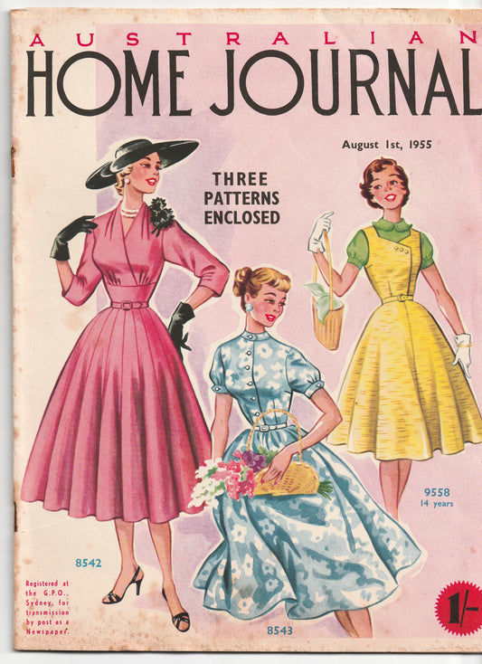 Australian Home Journal August 1955 Magazine with 2 Womens Full Skirt Dresses & Teens Pinafore Dress Paper Sewing Patterns Included