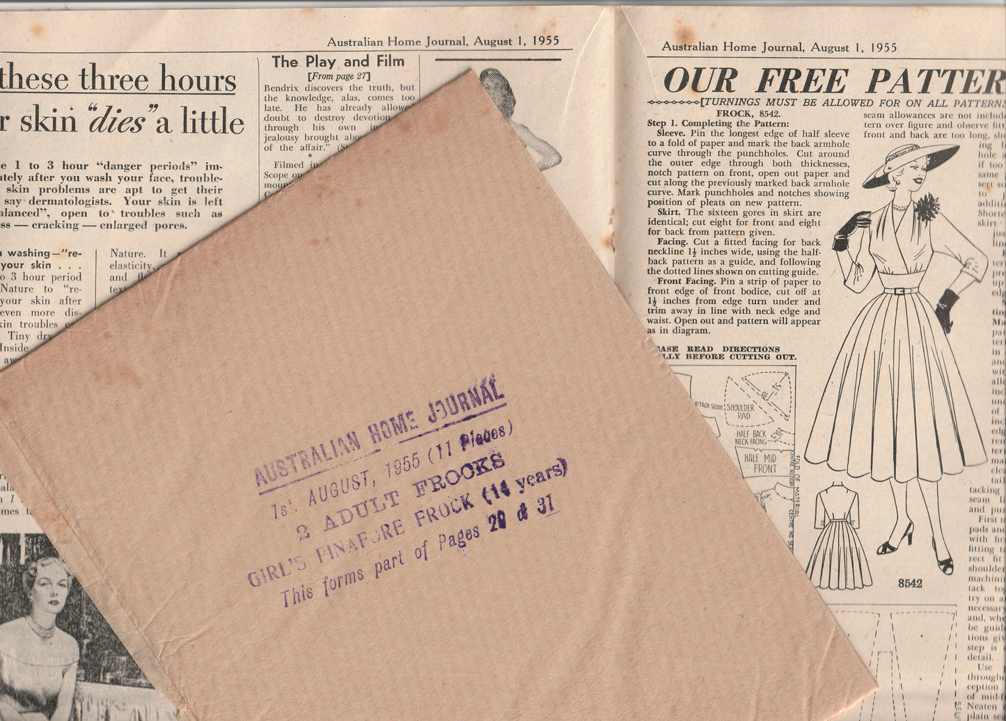 Australian Home Journal August 1955 Magazine with 2 Womens Full Skirt Dresses & Teens Pinafore Dress Paper Sewing Patterns Included