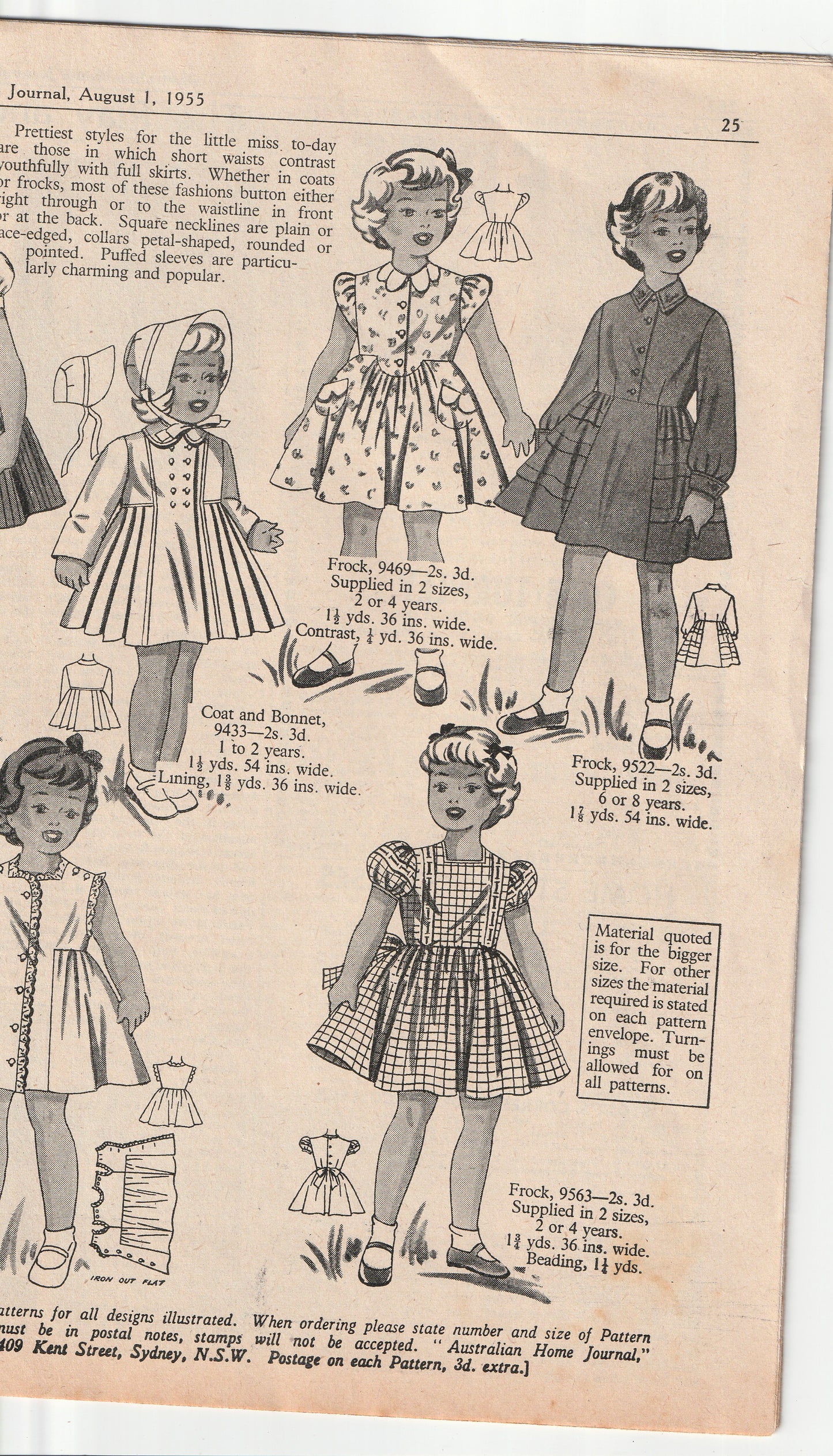 Australian Home Journal August 1955 Magazine with 2 Womens Full Skirt Dresses & Teens Pinafore Dress Paper Sewing Patterns Included