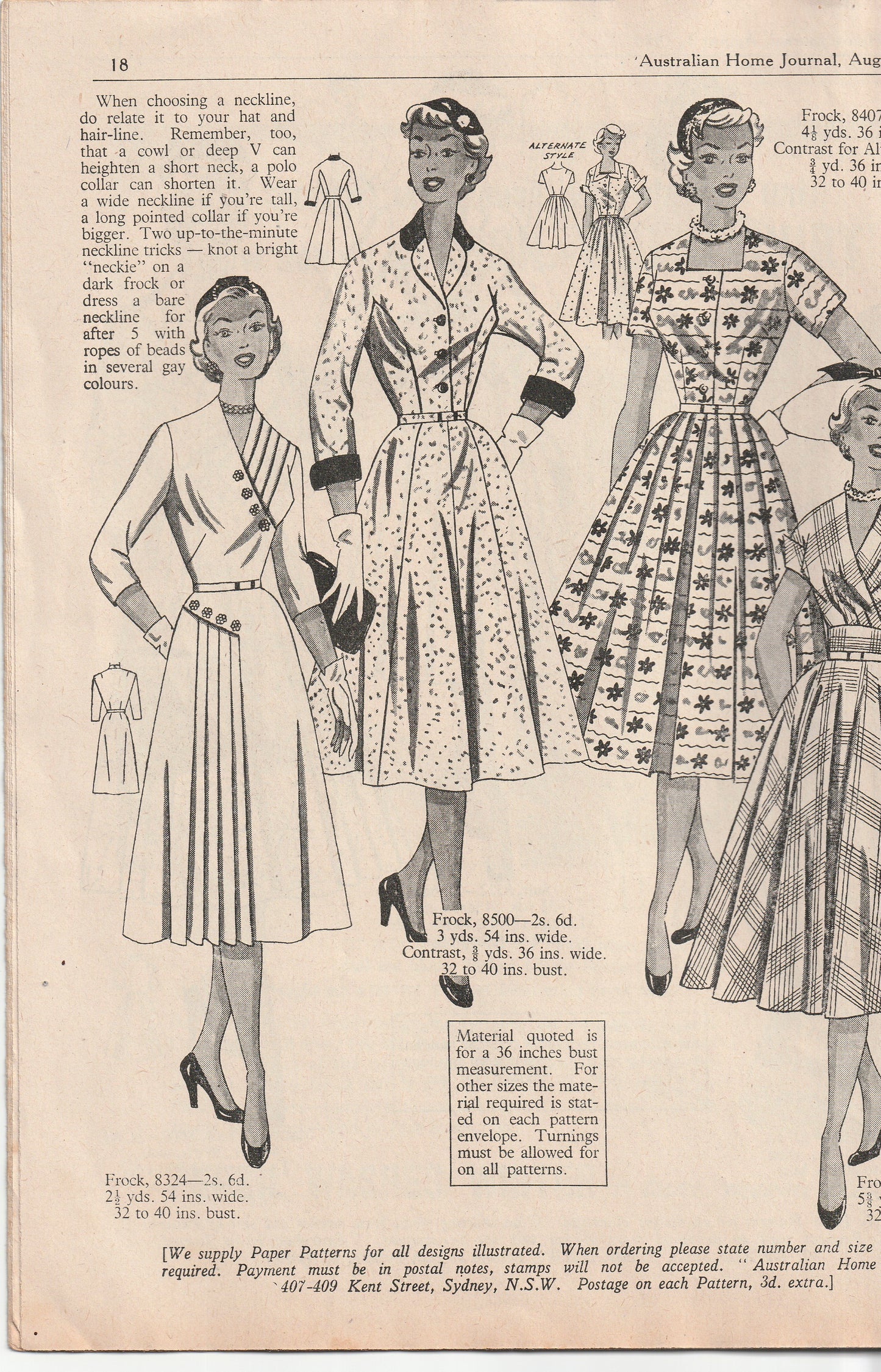 Australian Home Journal August 1955 Magazine with 2 Womens Full Skirt Dresses & Teens Pinafore Dress Paper Sewing Patterns Included