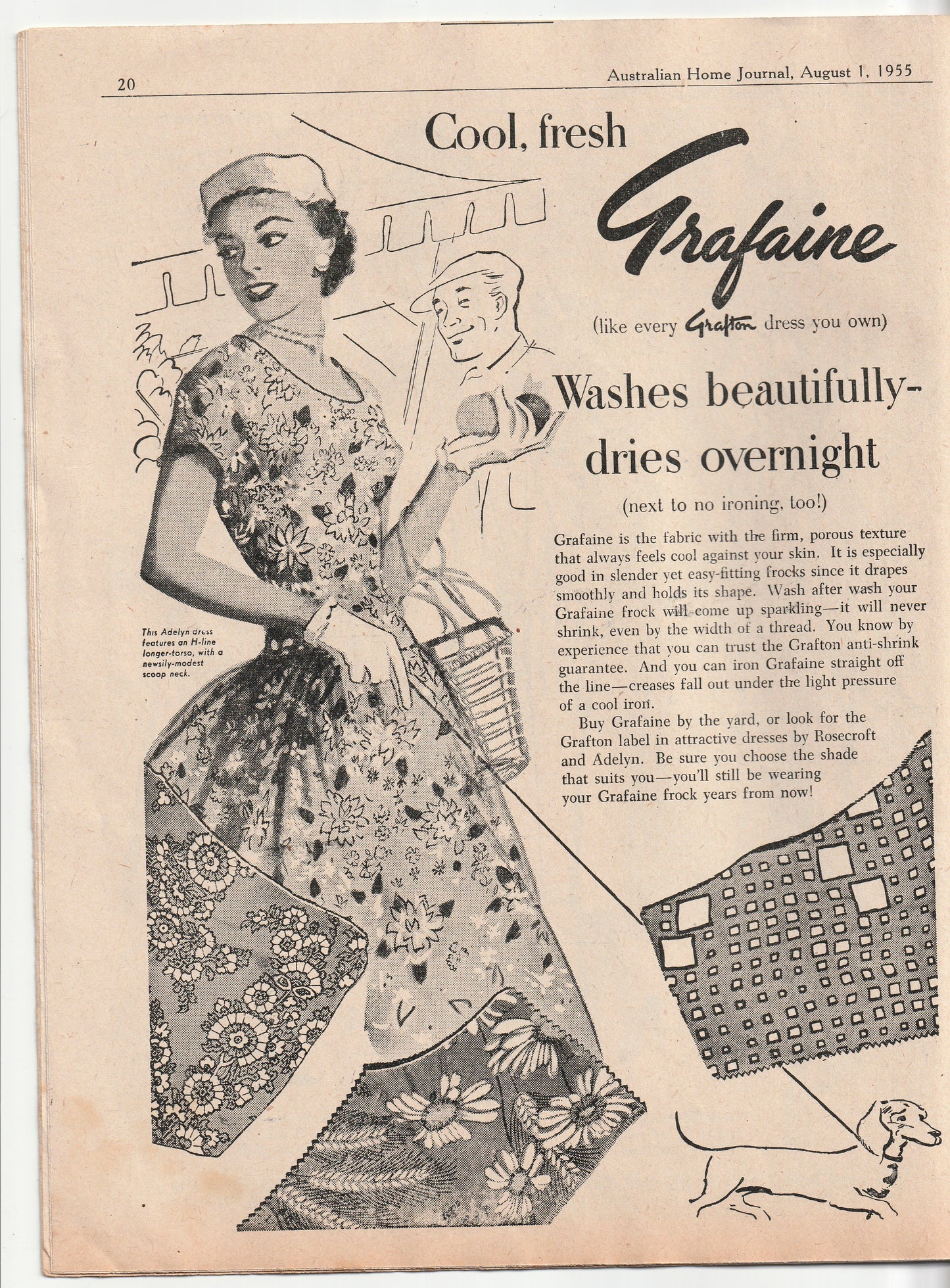 Australian Home Journal August 1955 Magazine with 2 Womens Full Skirt Dresses & Teens Pinafore Dress Paper Sewing Patterns Included