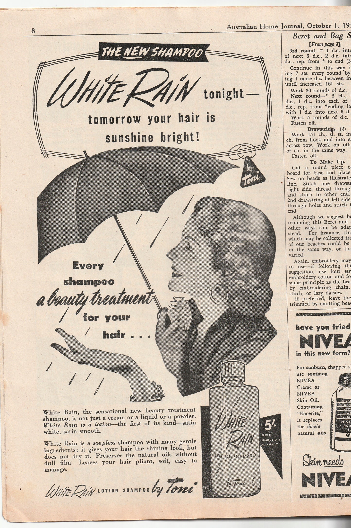 Australian Home Journal October 1955 Magazine with 3 Womens Full Skirt Dresses & Toddlers Sunsuit & Bonnet Paper Sewing Patterns Included
