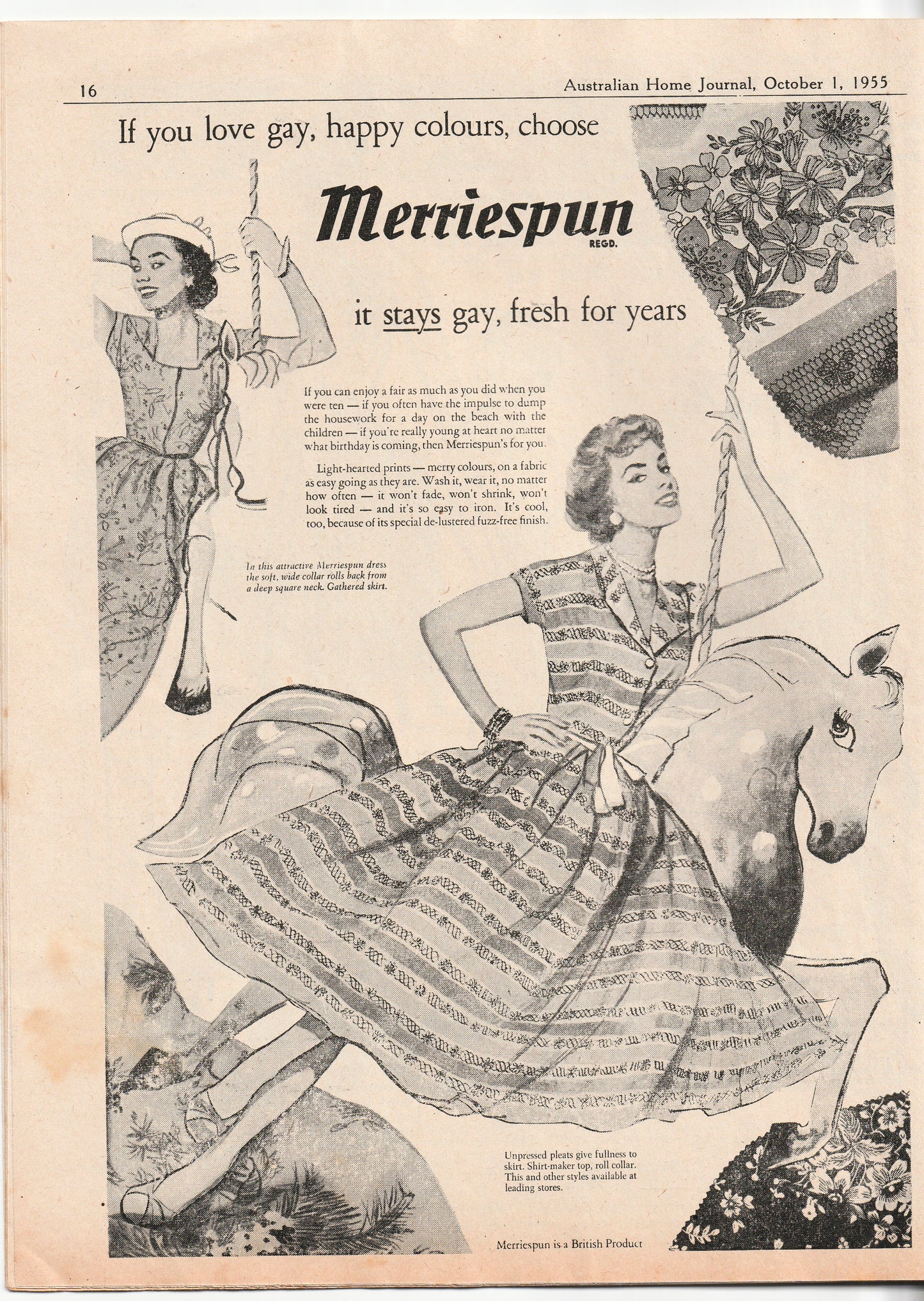 Australian Home Journal October 1955 Magazine with 3 Womens Full Skirt Dresses & Toddlers Sunsuit & Bonnet Paper Sewing Patterns Included