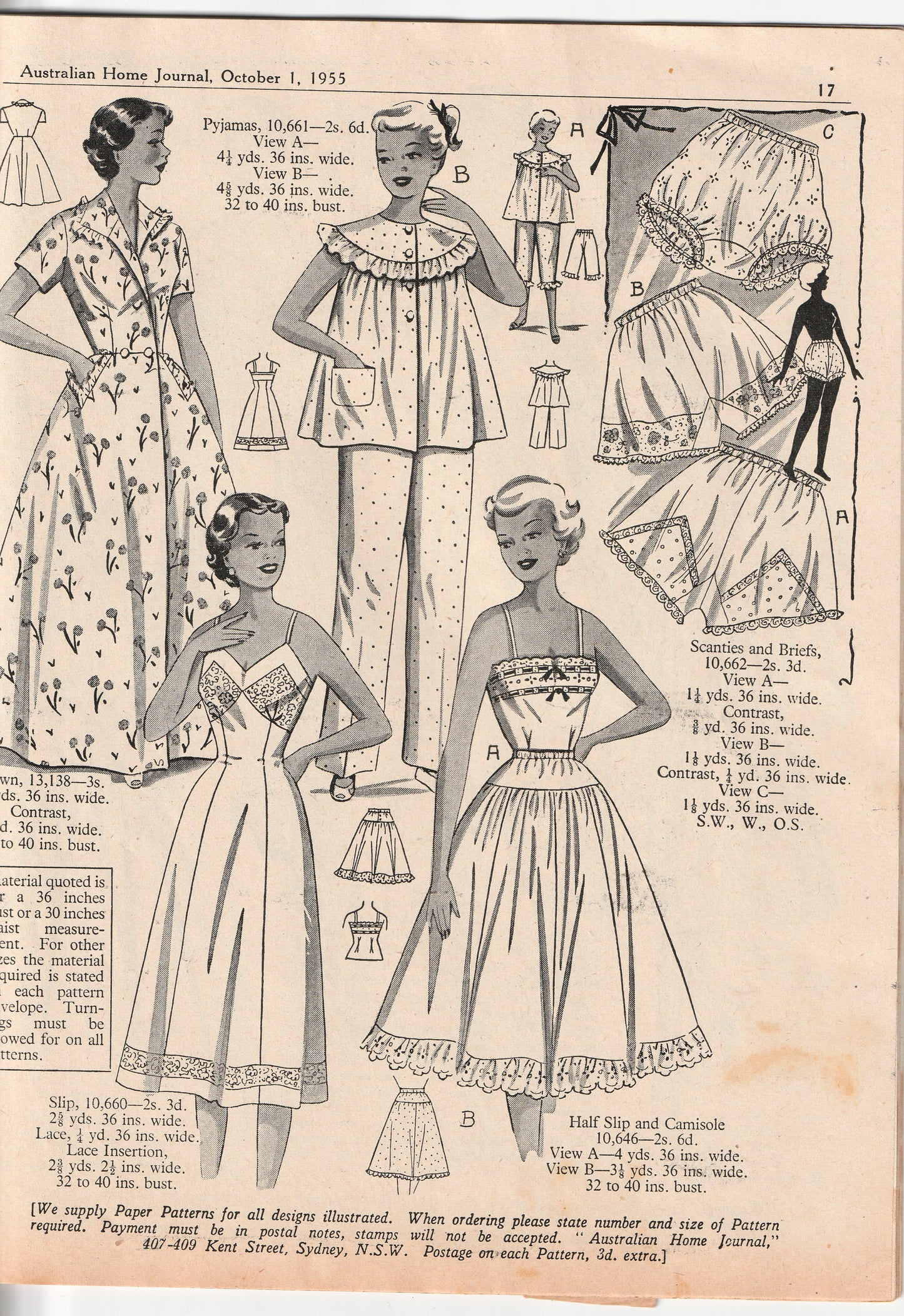 Australian Home Journal October 1955 Magazine with 3 Womens Full Skirt Dresses & Toddlers Sunsuit & Bonnet Paper Sewing Patterns Included