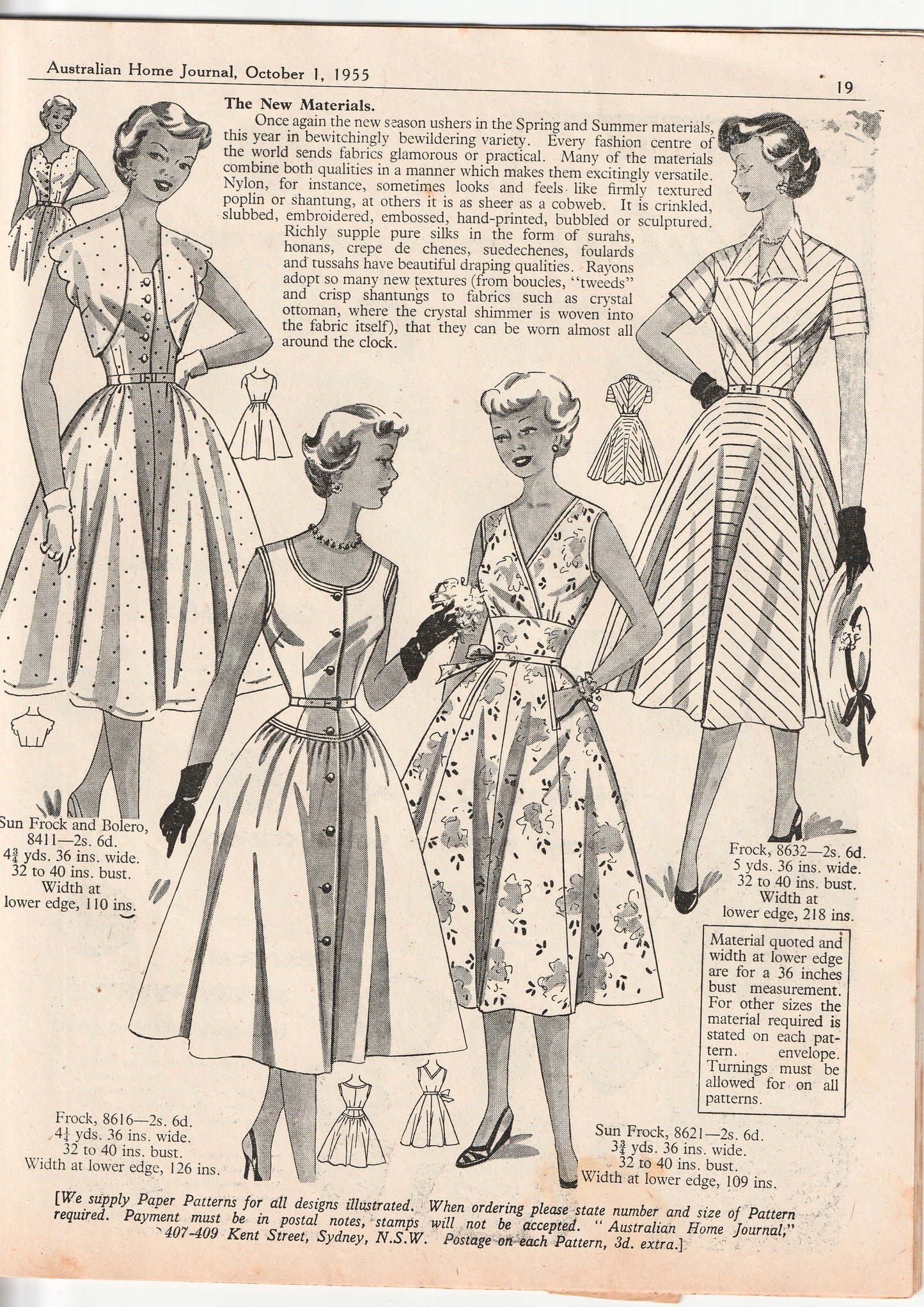 Australian Home Journal October 1955 Magazine with 3 Womens Full Skirt Dresses & Toddlers Sunsuit & Bonnet Paper Sewing Patterns Included