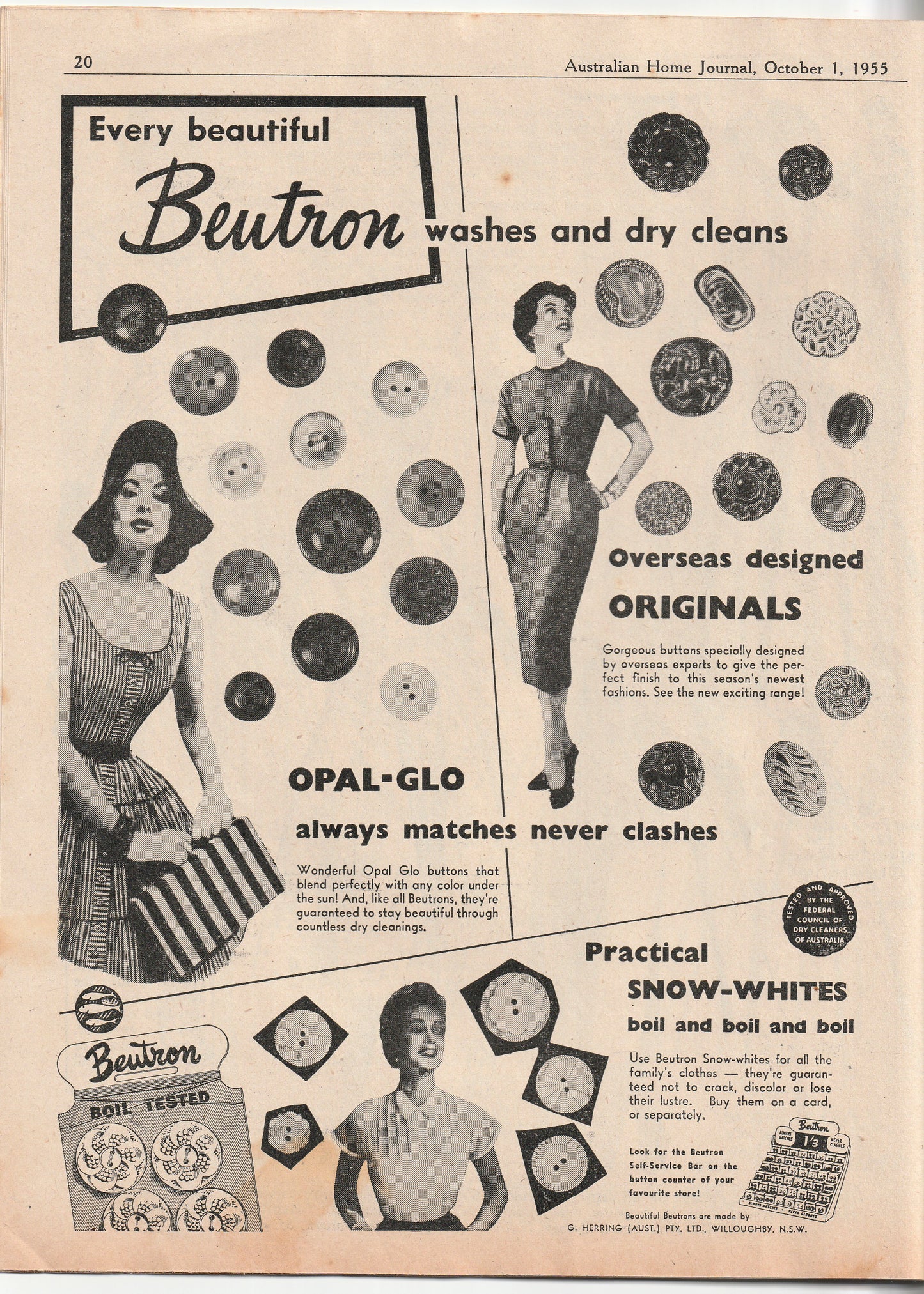 Australian Home Journal October 1955 Magazine with 3 Womens Full Skirt Dresses & Toddlers Sunsuit & Bonnet Paper Sewing Patterns Included