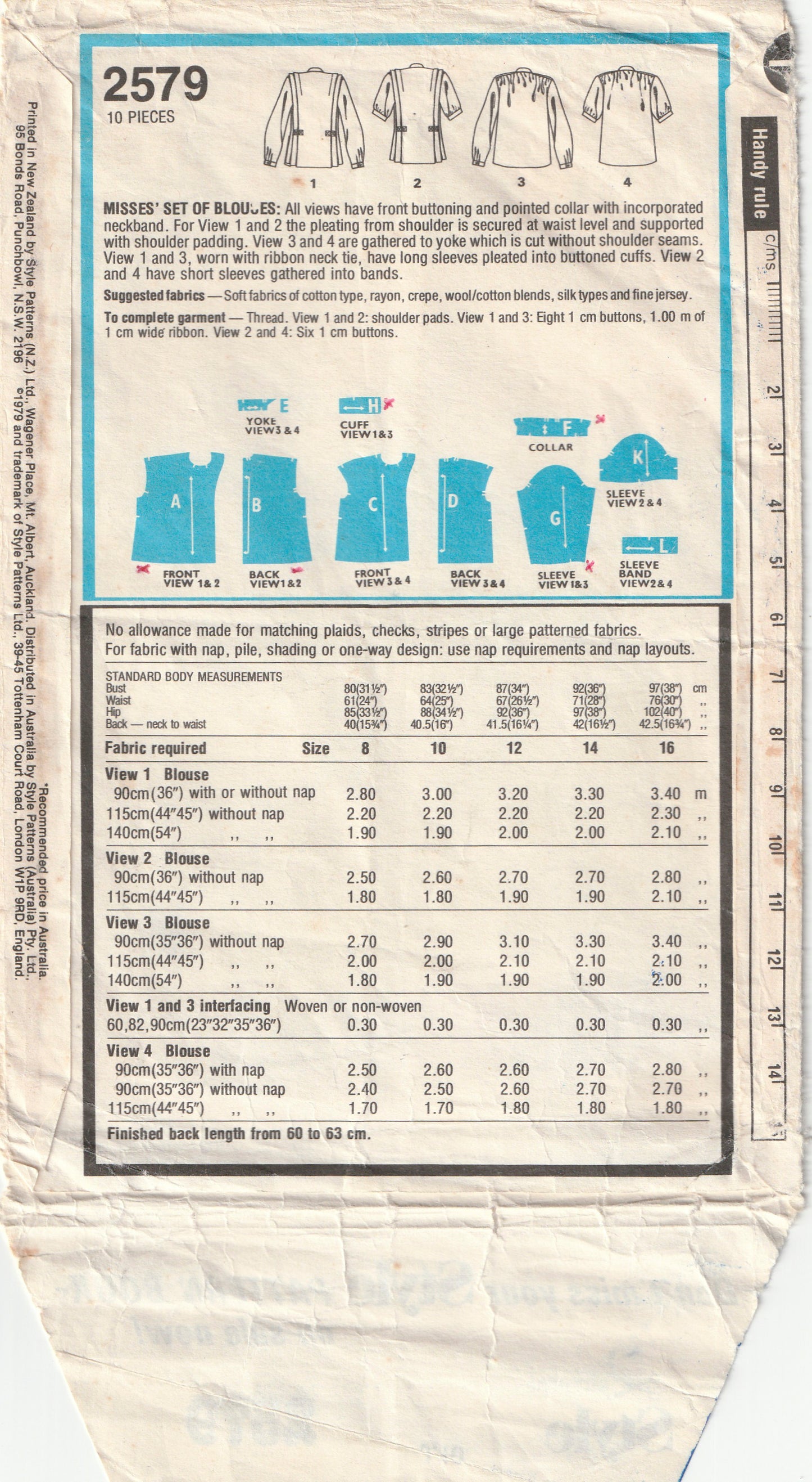 Style 2579 Womens Flanged Shoulder Blouses 1970s Vintage Paper Sewing Pattern Size 12 Bust 34 Inches
