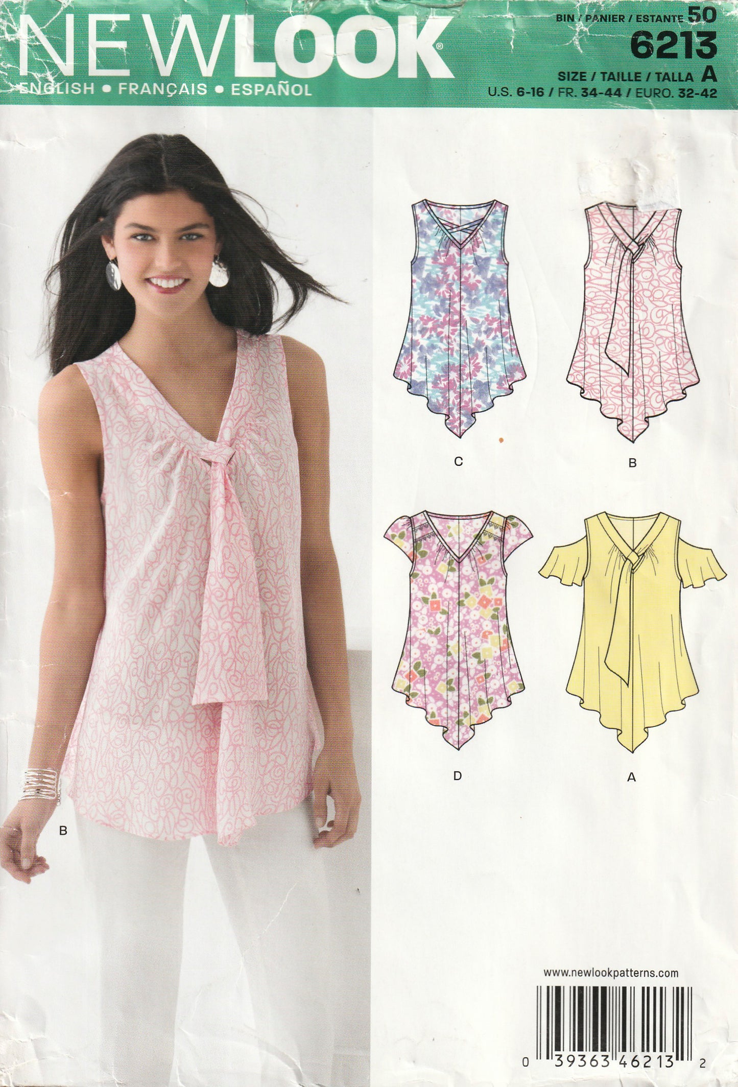 New Look 6213 Womens V Neck Sleeveless Tops with Shaped Hem Out Of Print Paper Sewing Pattern Size 6 - 16 UNCUT Factory Folded
