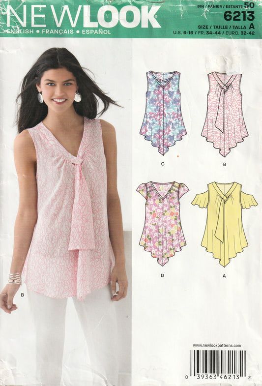 New Look 6213 Womens V Neck Sleeveless Tops with Shaped Hem Out Of Print Paper Sewing Pattern Size 6 - 16 UNCUT Factory Folded