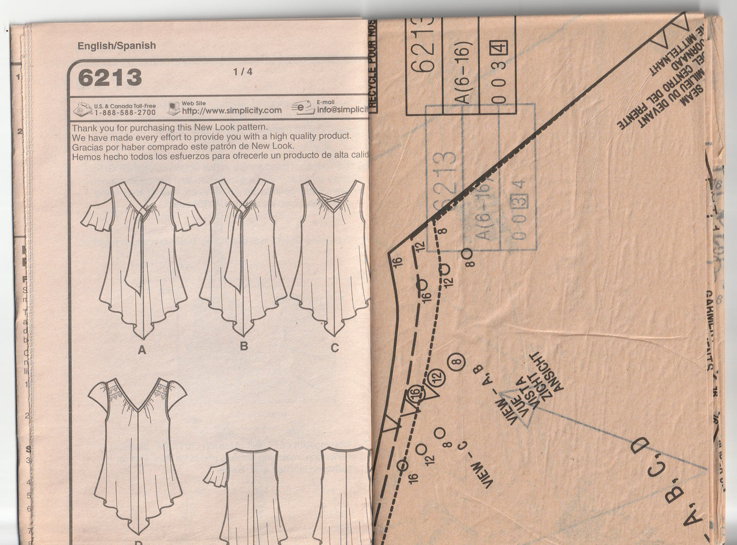 New Look 6213 Womens V Neck Sleeveless Tops with Shaped Hem Out Of Print Paper Sewing Pattern Size 6 - 16 UNCUT Factory Folded