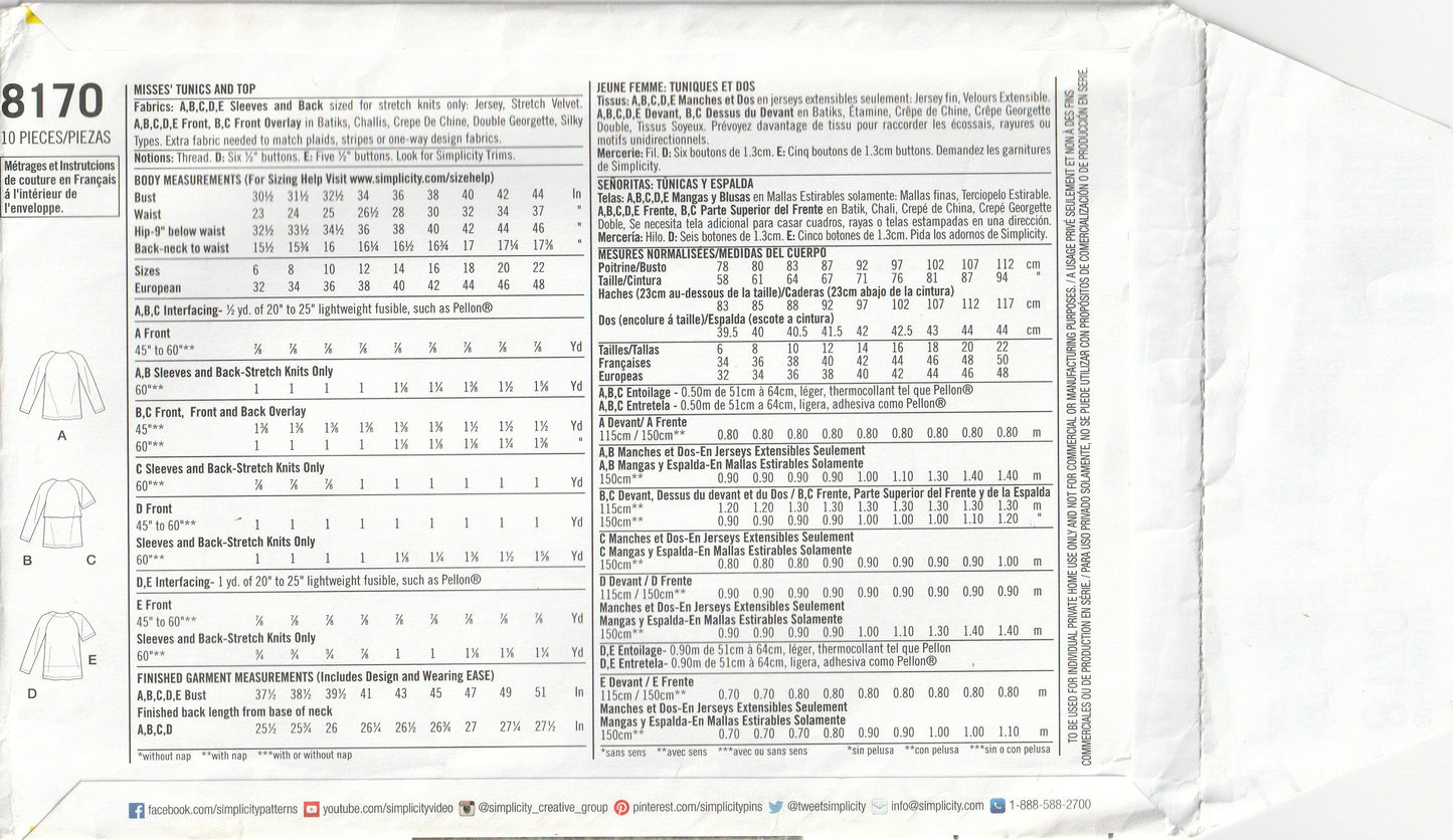 Simplicity 8170 Womens EASY Raglan Sleeved Tops Out Of Print Paper Sewing Pattern Size 14 - 22 UNCUT Factory Folded