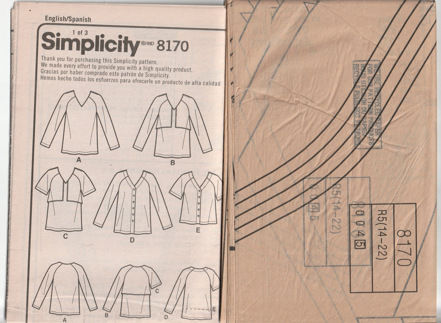 Simplicity 8170 Womens EASY Raglan Sleeved Tops Out Of Print Paper Sewing Pattern Size 14 - 22 UNCUT Factory Folded