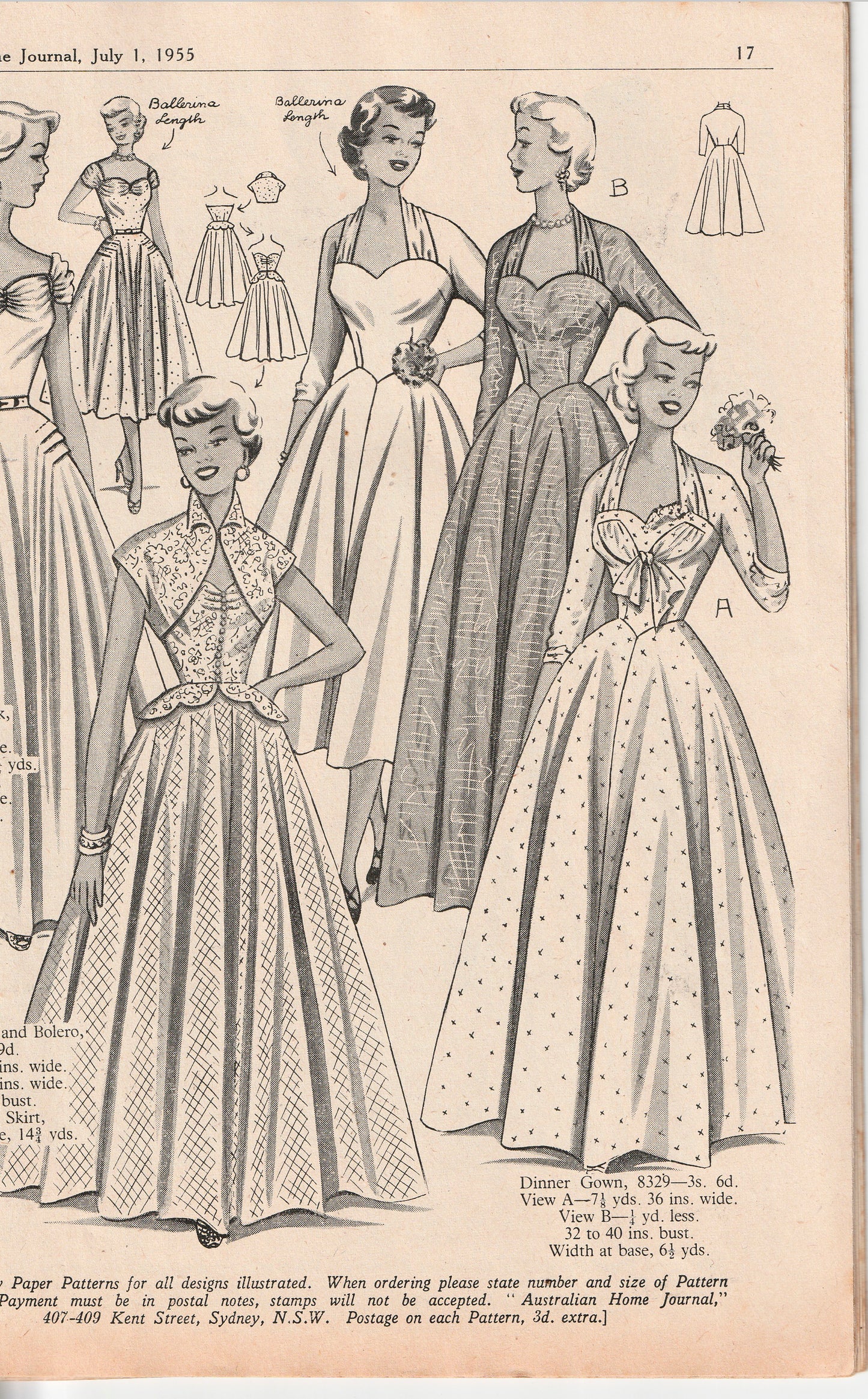 Australian Home Journal July 1955 Magazine with Womens Full Skirt Ballerina Style Dress Sheath Dress & Girls Skirt Suit Factory Folded Paper Sewing Patterns Included