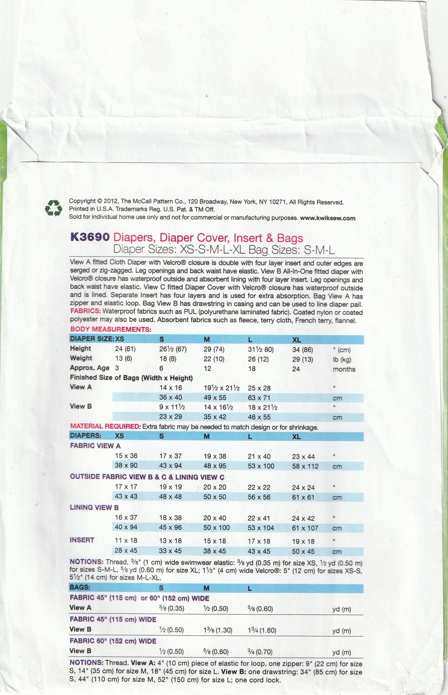 Kwik Sew 3690 Reusable Baby Diapers & Covers with Accessories Out Of Print Paper Sewing Pattern Size XS - XL UNCUT Factory Folded