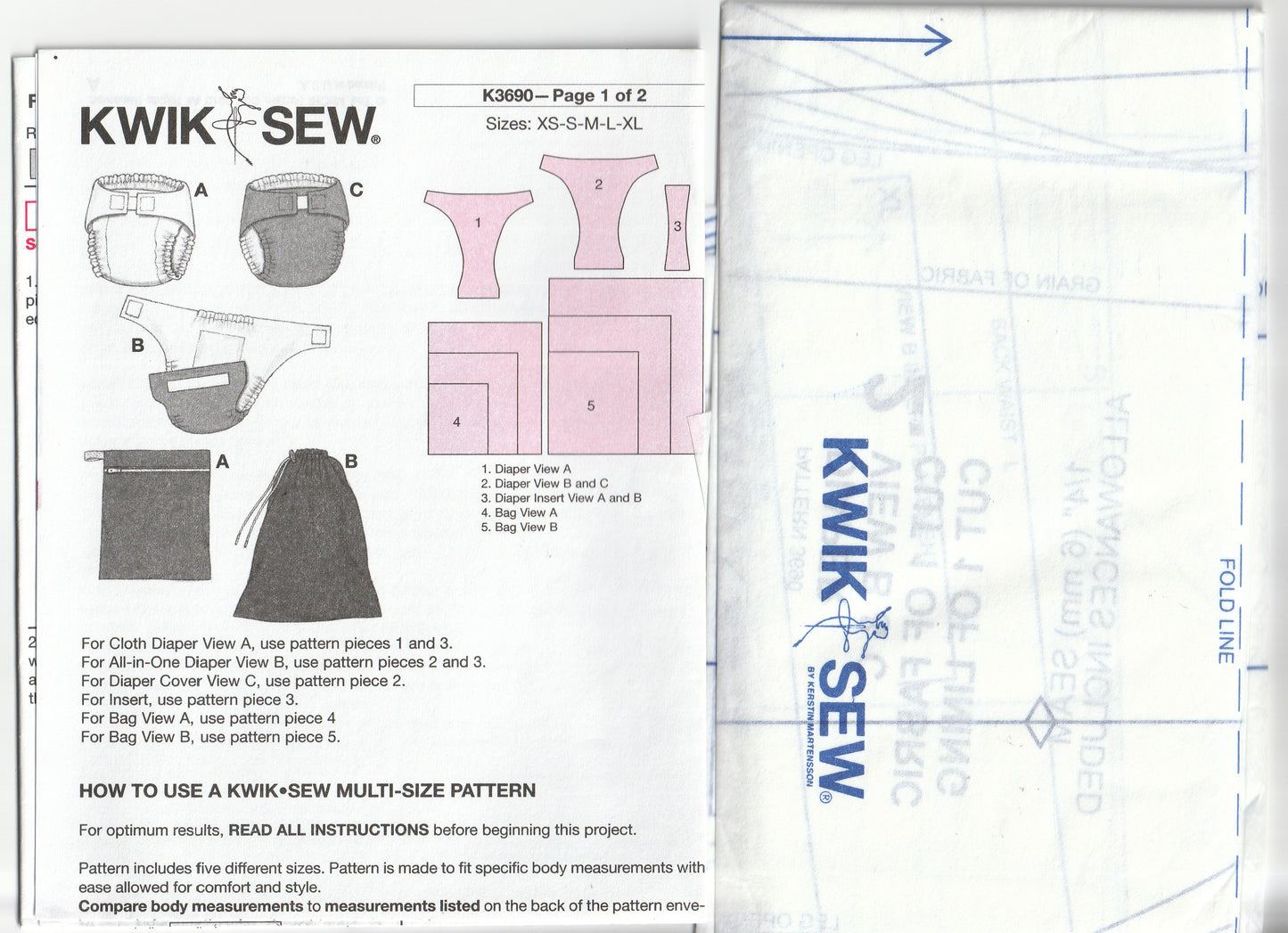 Kwik Sew 3690 Reusable Baby Diapers & Covers with Accessories Out Of Print Paper Sewing Pattern Size XS - XL UNCUT Factory Folded