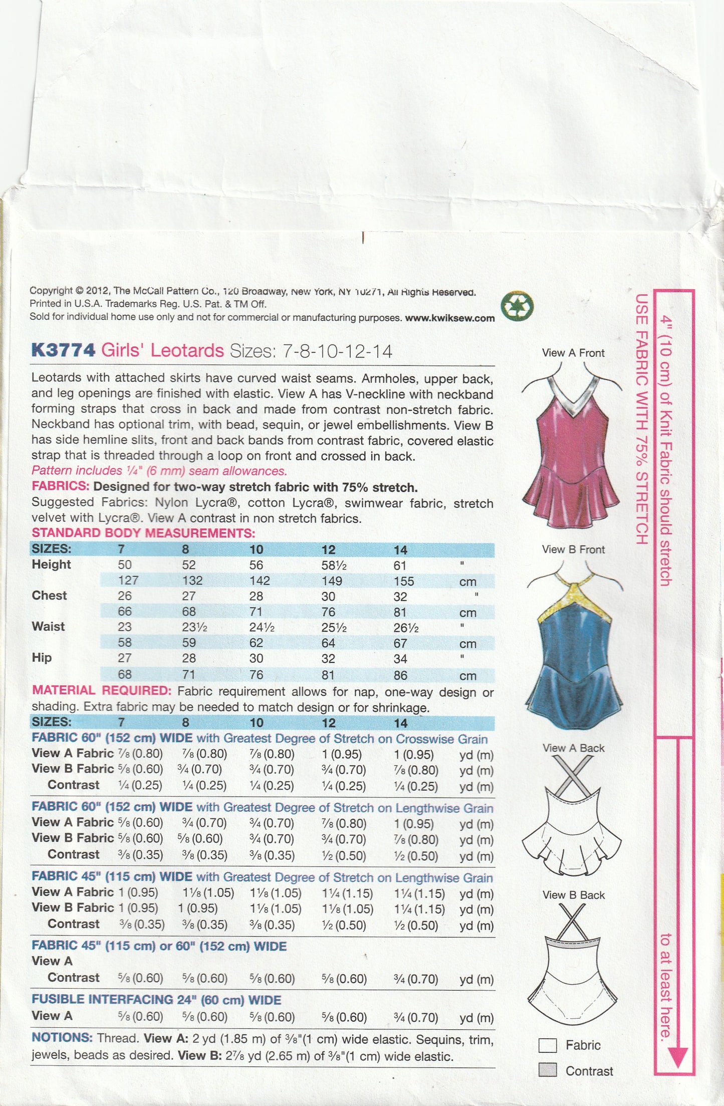 Kwik Sew 3774 Girls Stretch Knit Leotards with Attached Skirt Out Of Print Paper Sewing Pattern Size 7 - 14 UNCUT Factory Folded