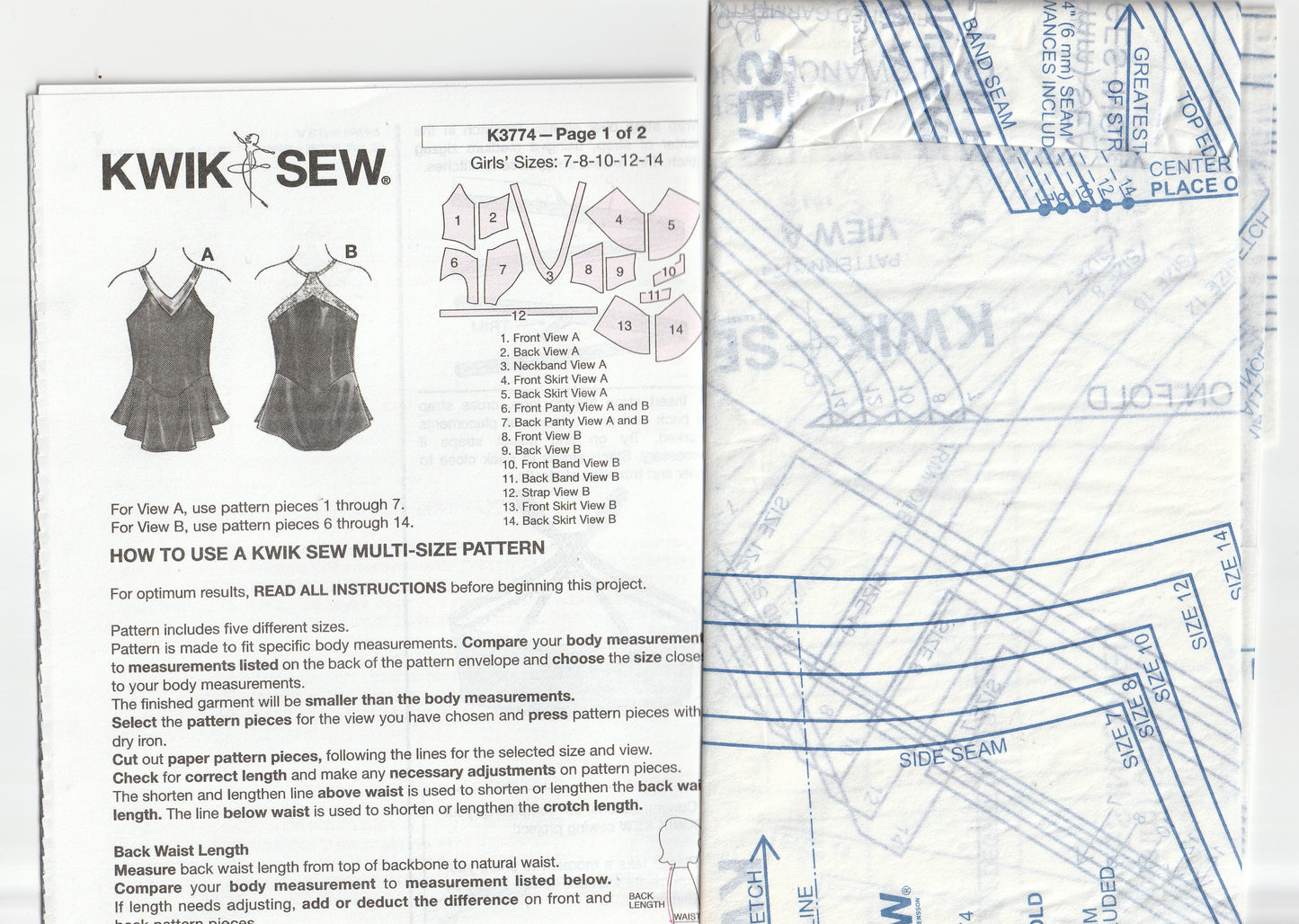 Kwik Sew 3774 Girls Stretch Knit Leotards with Attached Skirt Out Of Print Paper Sewing Pattern Size 7 - 14 UNCUT Factory Folded