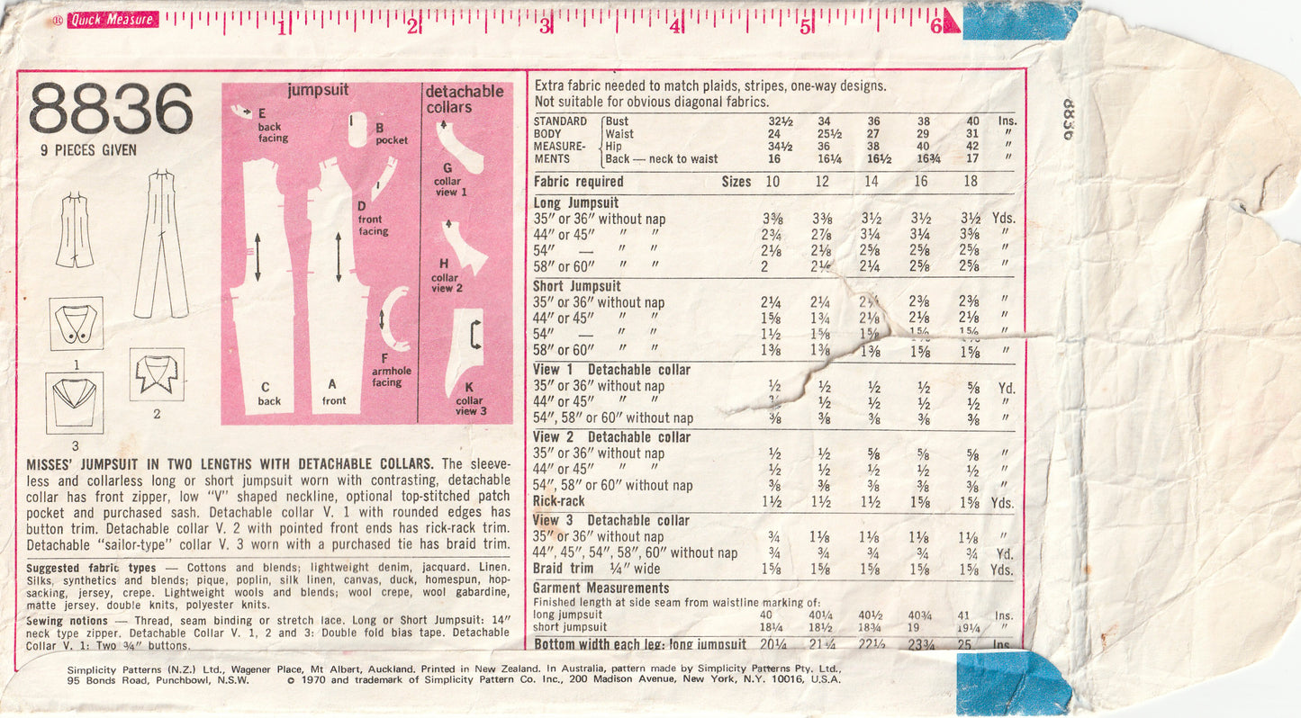 Simplicity 8836 Womens EASY Zip Front Jumpsuit with Detachable Collar Variations 1970s Vintage Paper Sewing Pattern Size 18 Bust 40 Inches