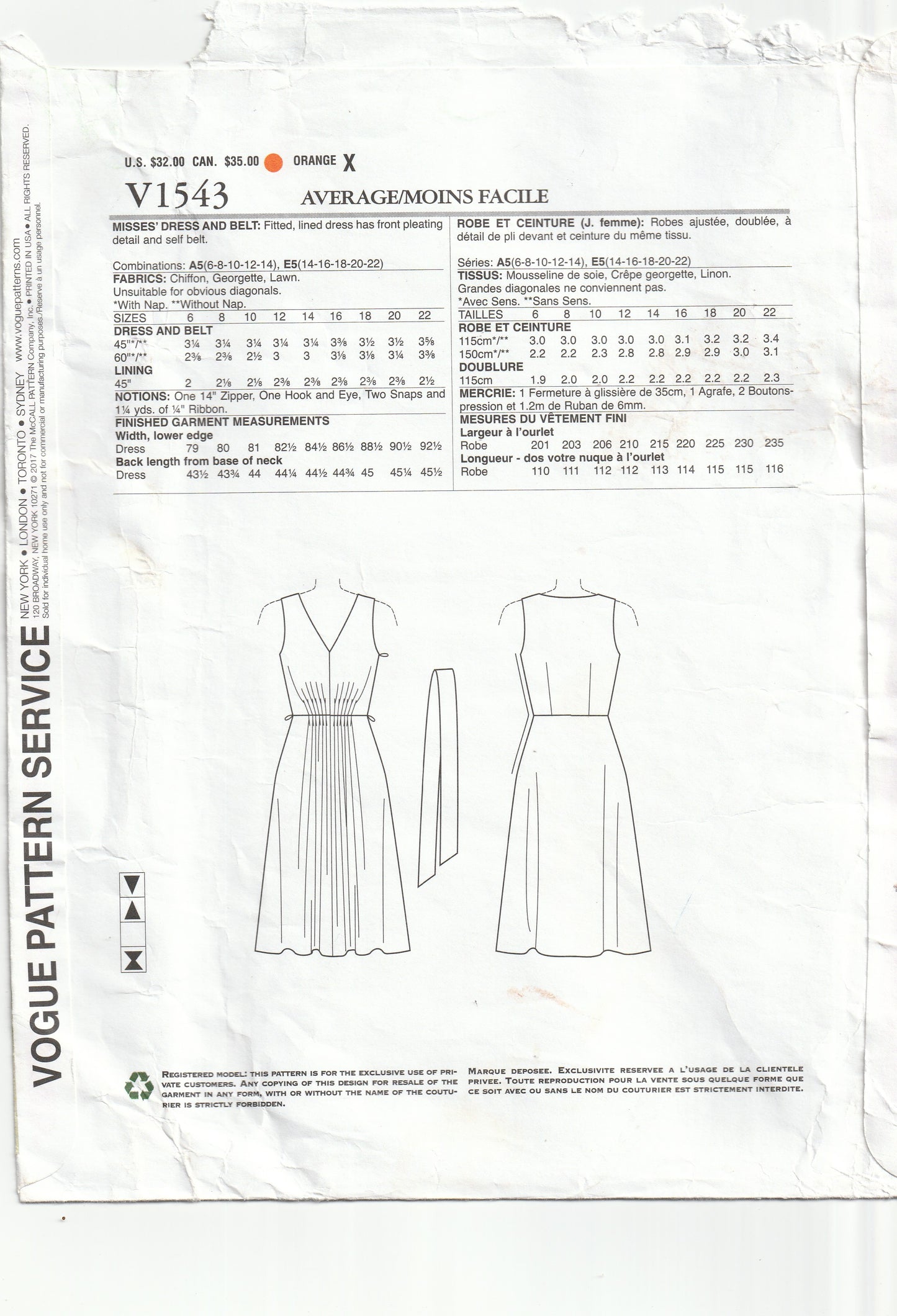 Vogue American Designer 1543 ANNE KLEIN Womens Lined Sleeveless Dress with Front Waist Tucks Out Of Print Paper Sewing Pattern Size 14 - 22 UNCUT Factory Folded