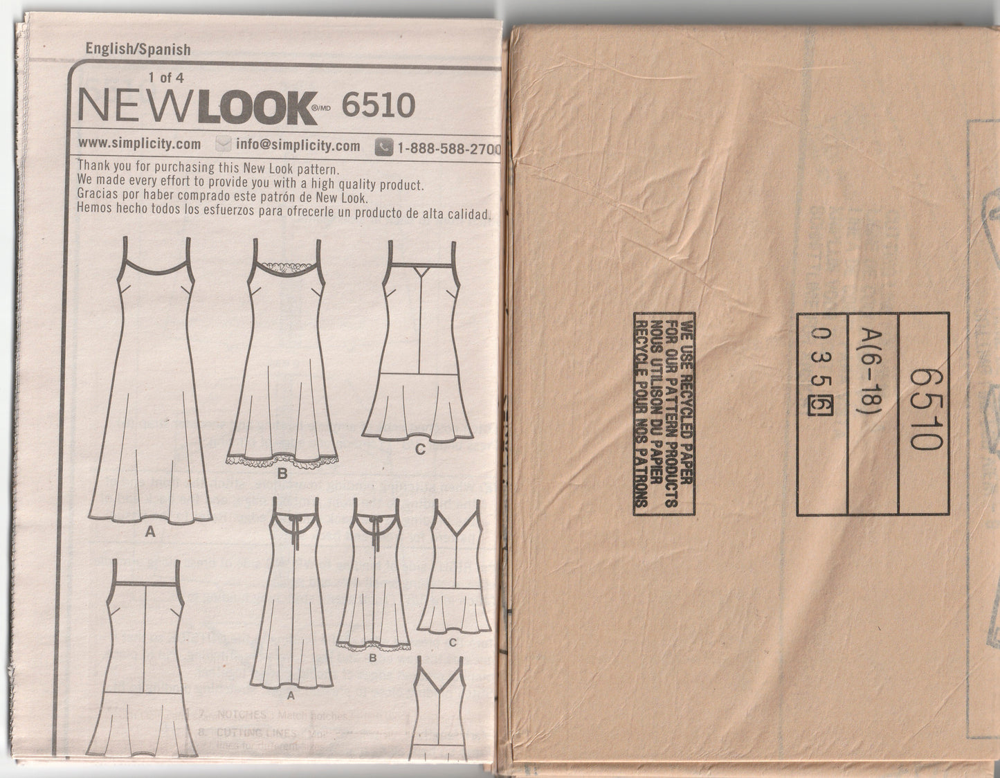 New Look 6510 Womens EASY Slip Dresses Out Of Print Paper Sewing Pattern Size 6 - 18 UNCUT Factory Folded