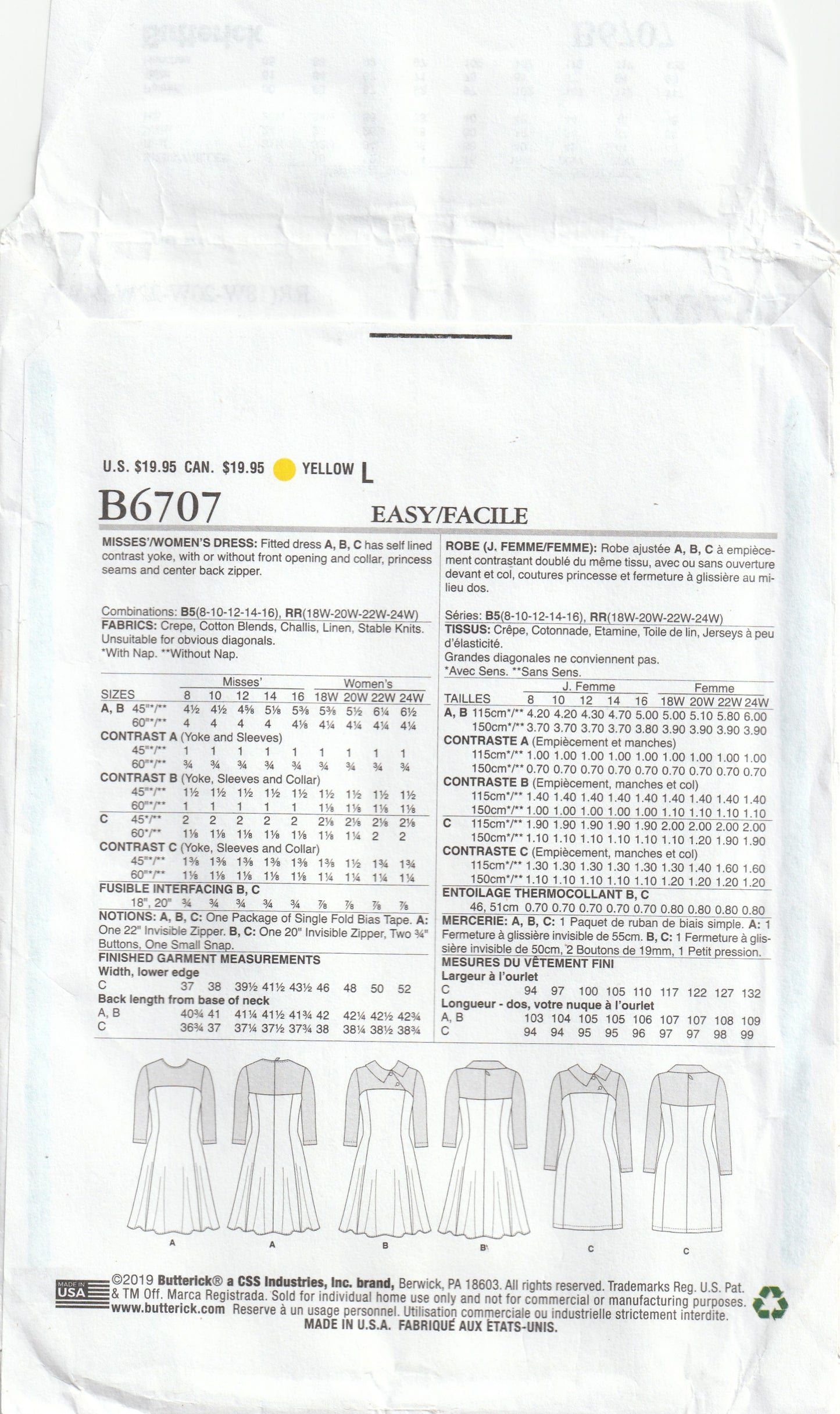 Butterick 6707 Womens Dress with Contrast Yoke Print Paper Sewing Pattern Size 18W - 24W UNCUT Factory Folded