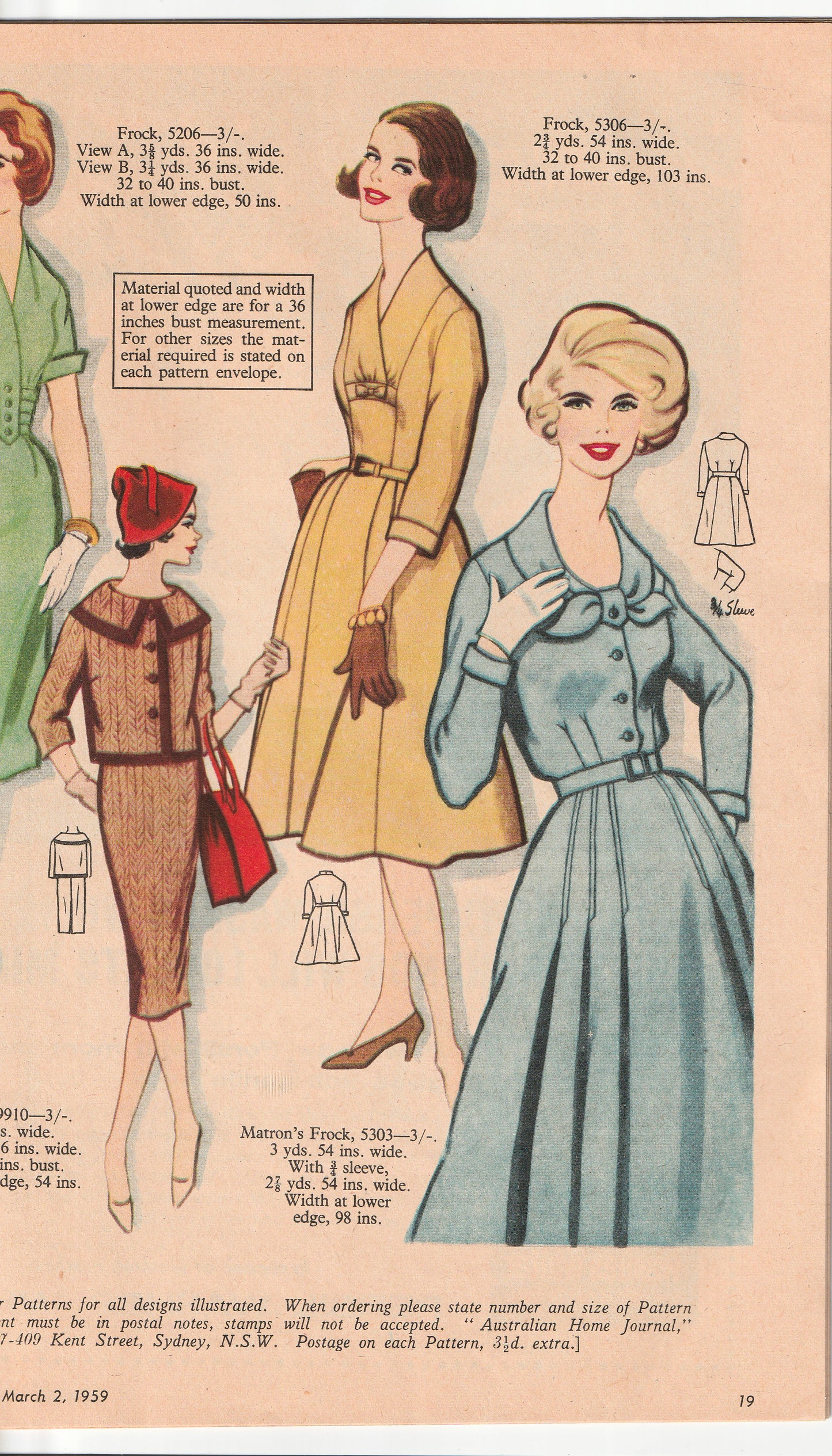 Australian Home Journal March 1959 Magazine with Womens Full Skirt Dress Sheath Dress Boys Suit & Girls Party Dress Factory Folded Paper Sewing Patterns Included