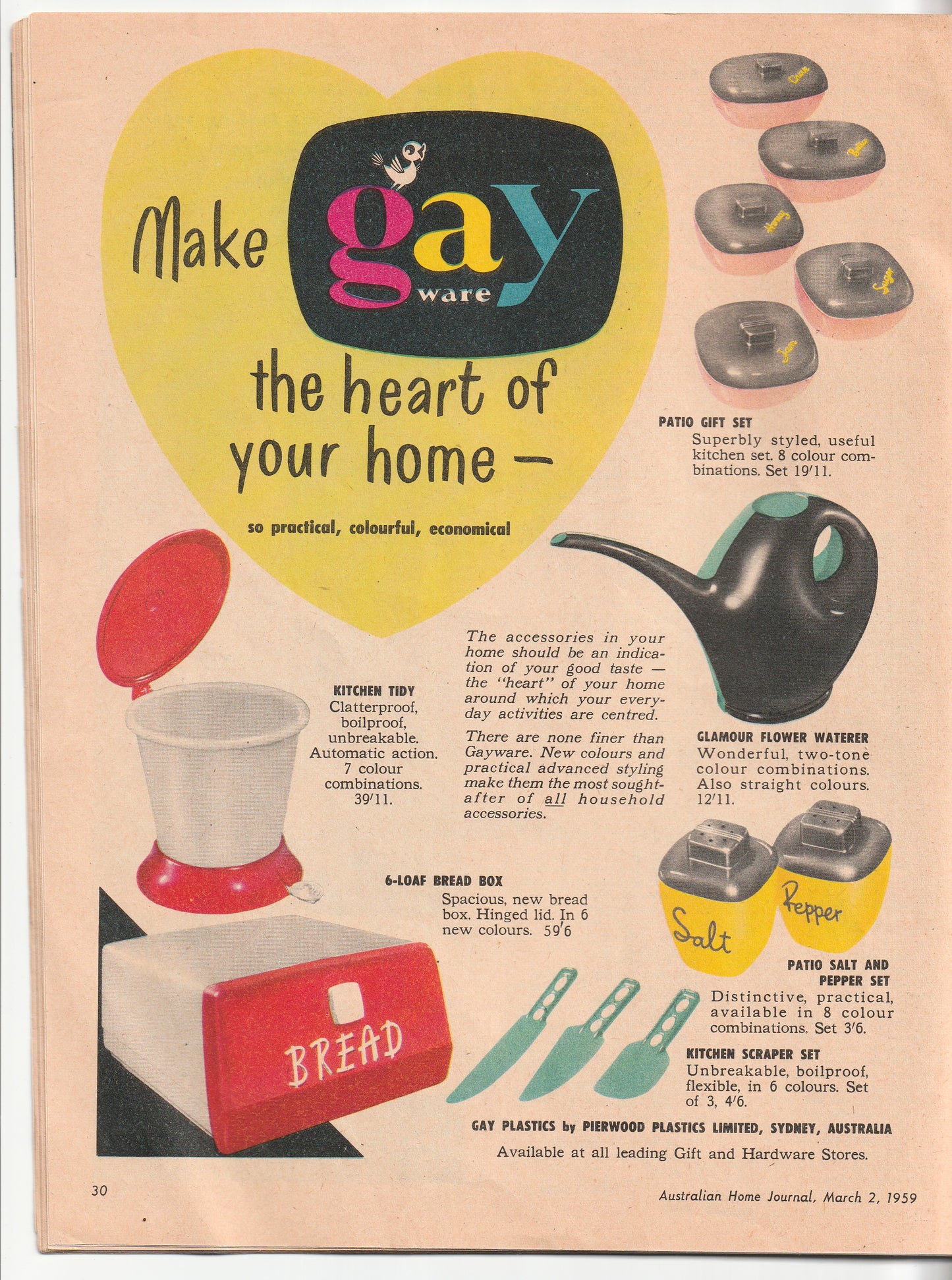 Australian Home Journal March 1959 Magazine with Womens Full Skirt Dress Sheath Dress Boys Suit & Girls Party Dress Factory Folded Paper Sewing Patterns Included