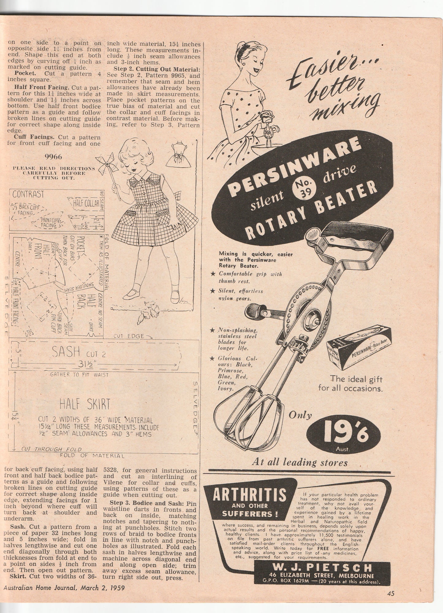 Australian Home Journal March 1959 Magazine with Womens Full Skirt Dress Sheath Dress Boys Suit & Girls Party Dress Factory Folded Paper Sewing Patterns Included