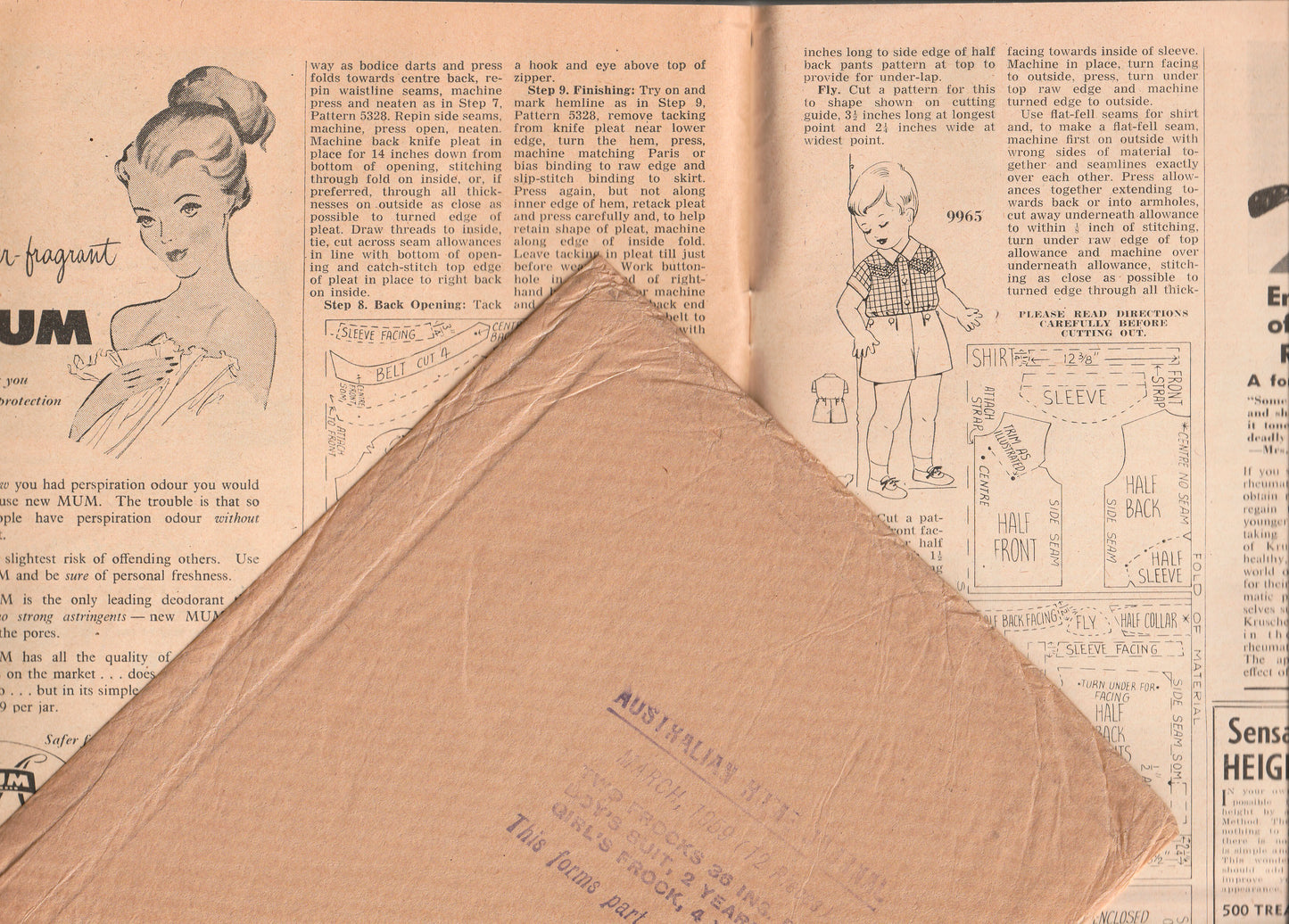 Australian Home Journal March 1959 Magazine with Womens Full Skirt Dress Sheath Dress Boys Suit & Girls Party Dress Factory Folded Paper Sewing Patterns Included
