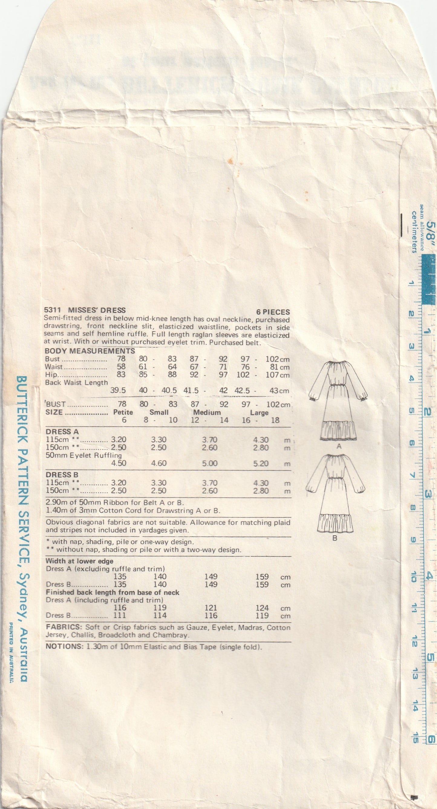 Butterick 5311 Womens EASY Peasant Dress with Side Seam Pockets 1970s Vintage Paper Sewing Pattern Size LARGE 16 - 18