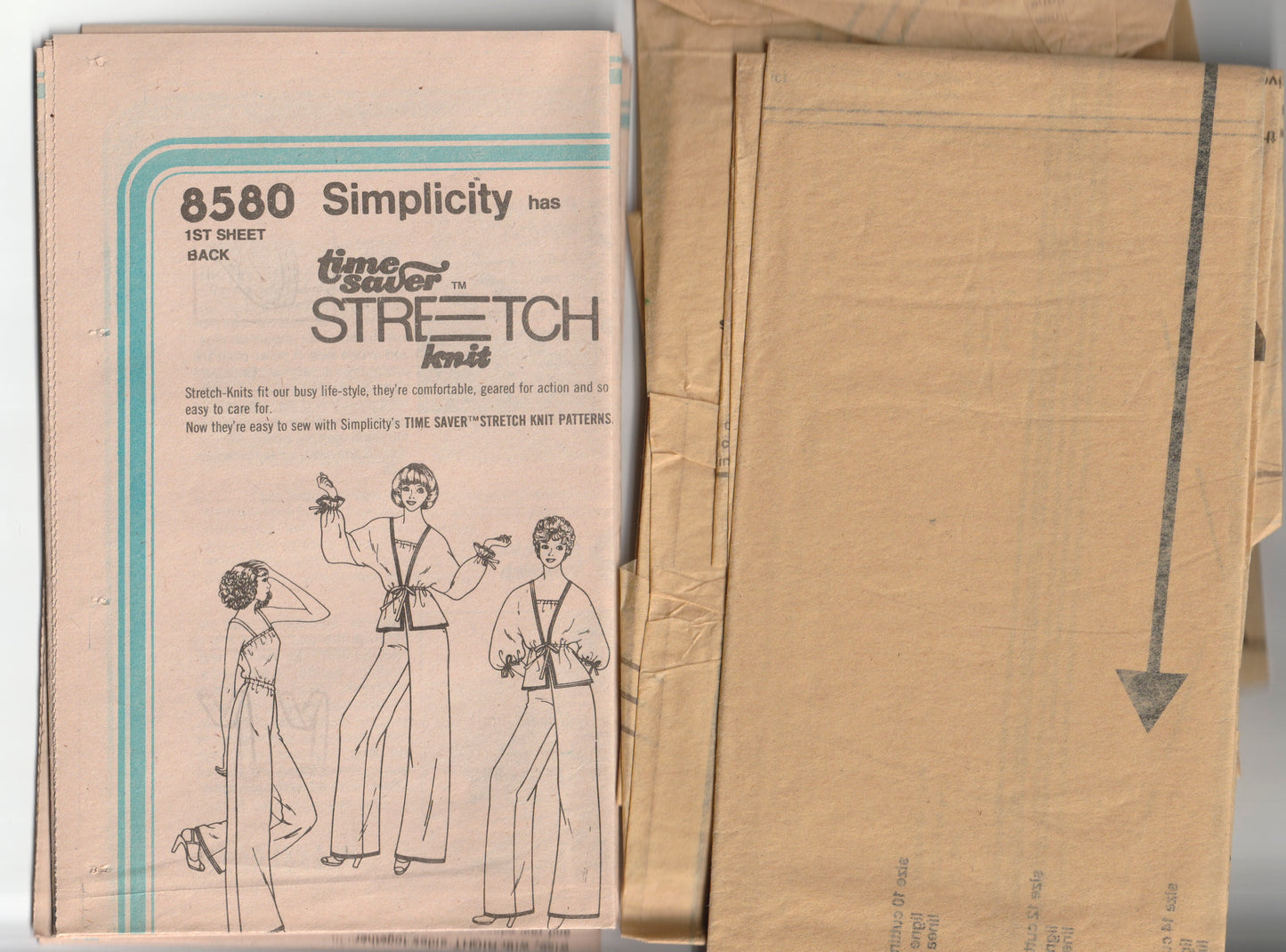Simplicity 8580 Womens Stretch Knit Kimono Style Jacket Camisole Top & Wide Leg Pants 1970s Vintage Paper Sewing Pattern Size 10 & 12