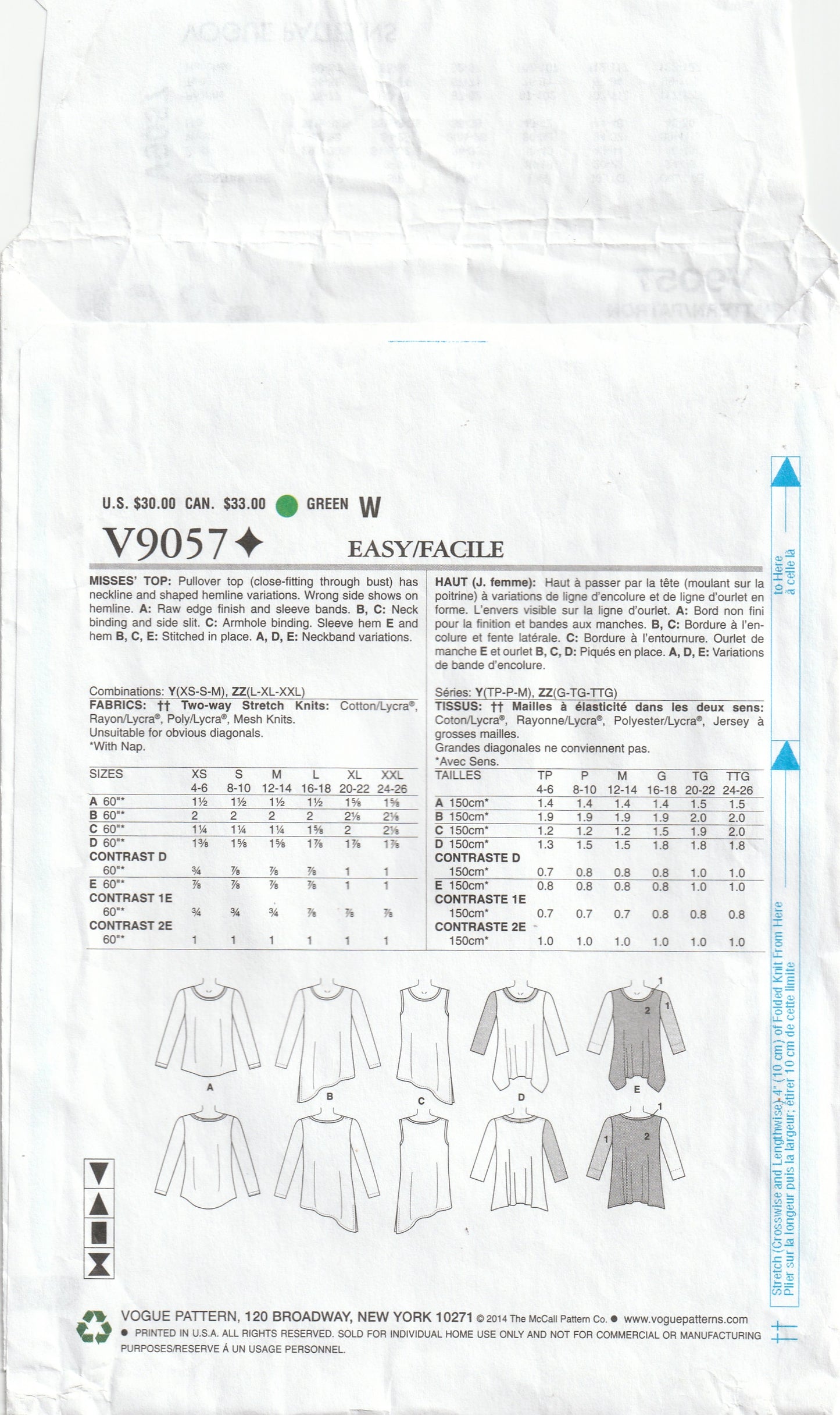 Vogue Designer Original 9057 MARCY TILTON Womens Asymmetric 2 Way Stretch Knit Tops Out Of Print Paper Sewing Pattern Sizes XS - M UNCUT Factory Folded