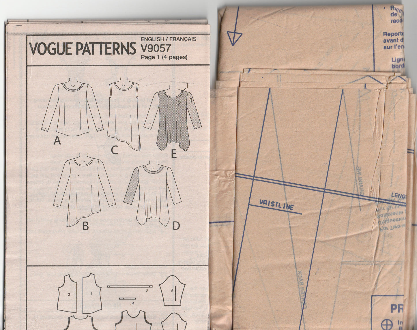 Vogue Designer Original 9057 MARCY TILTON Womens Asymmetric 2 Way Stretch Knit Tops Out Of Print Paper Sewing Pattern Sizes XS - M UNCUT Factory Folded