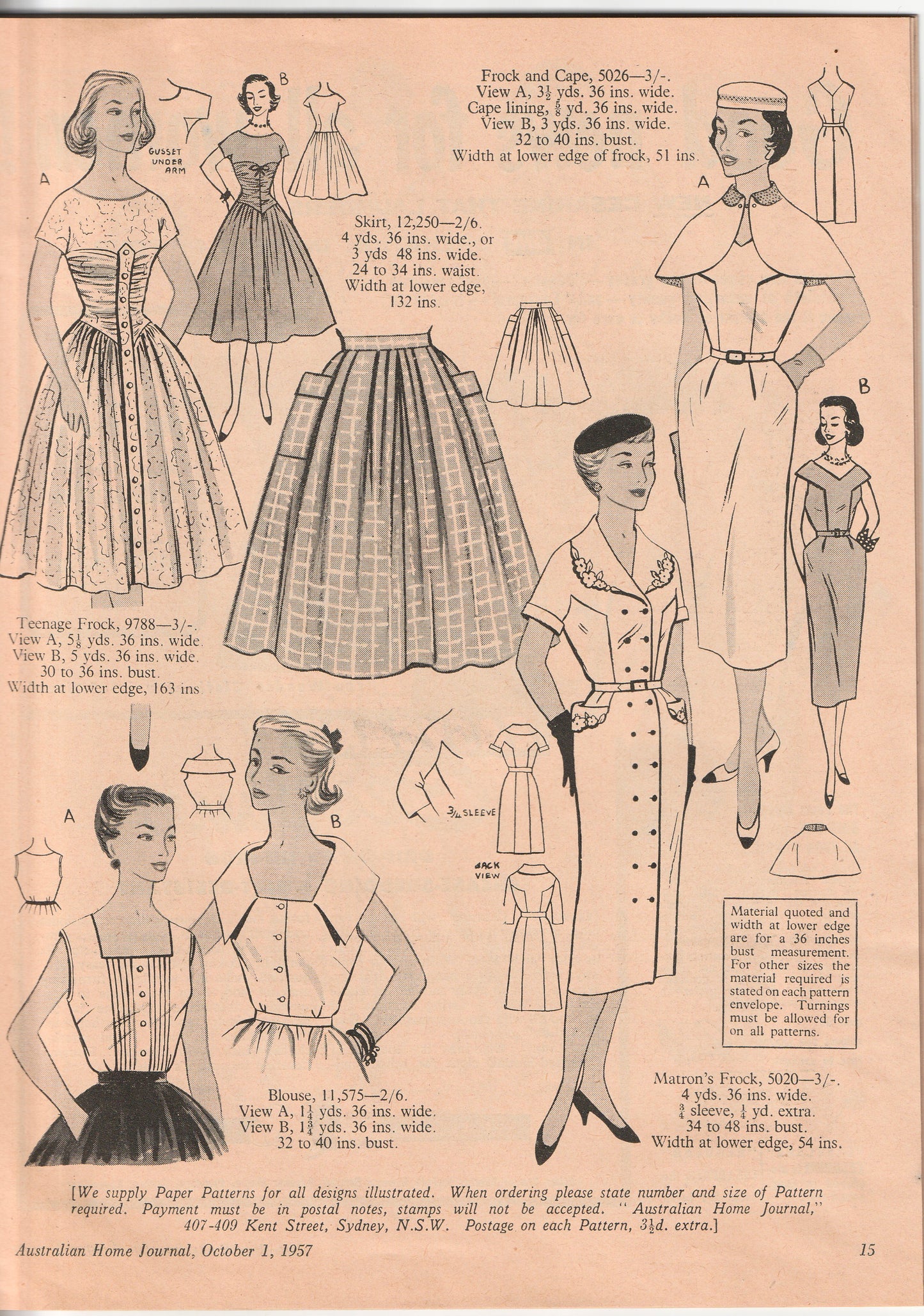 Australian Home Journal October 1957 Magazine with 2 Womens Full Skirt Dress & Toddler Girls Party Dress & Playsuit Factory Folded Paper Sewing Patterns Included